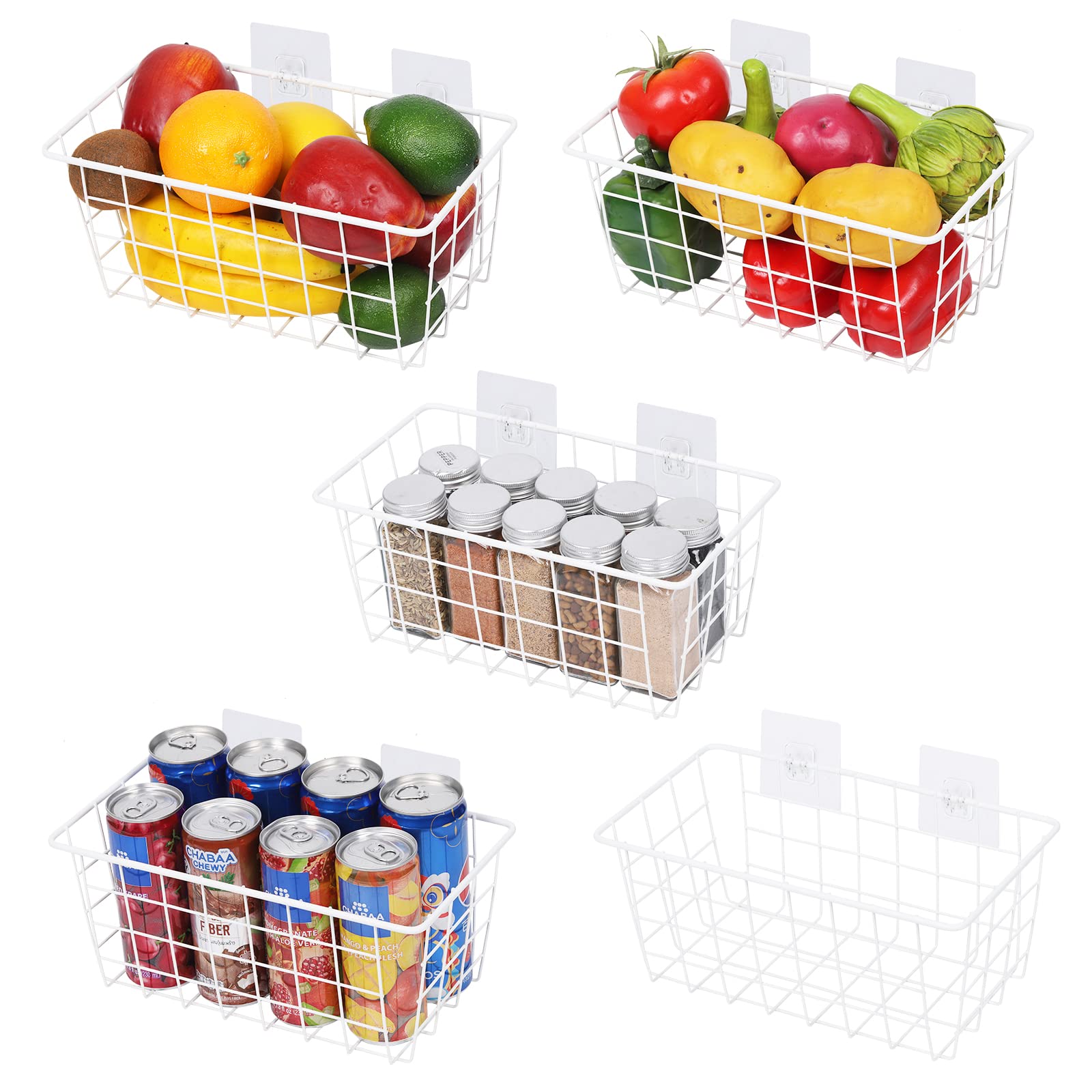 5-Pack White Metal Wire Storage Baskets - Hanging Wall Organizer Bins for Home, Office, Kitchen, Pantry & Bathroom Countertop | Perfect for Organizing Fruits, Utensils, Toiletries & Small Items
