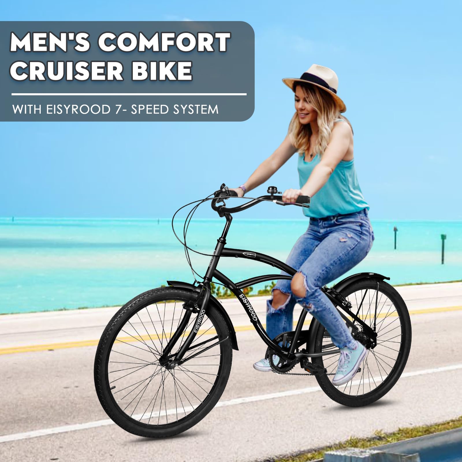 **26 Inch Women's Beach Cruiser Bike - 7 Speed Hybrid Bicycle for Women & Men, Lightweight Frame with Anti-Skid Tires, Easy Quick Assembly - Perfect for Commuting, Leisure Rides & Beach Cruising**