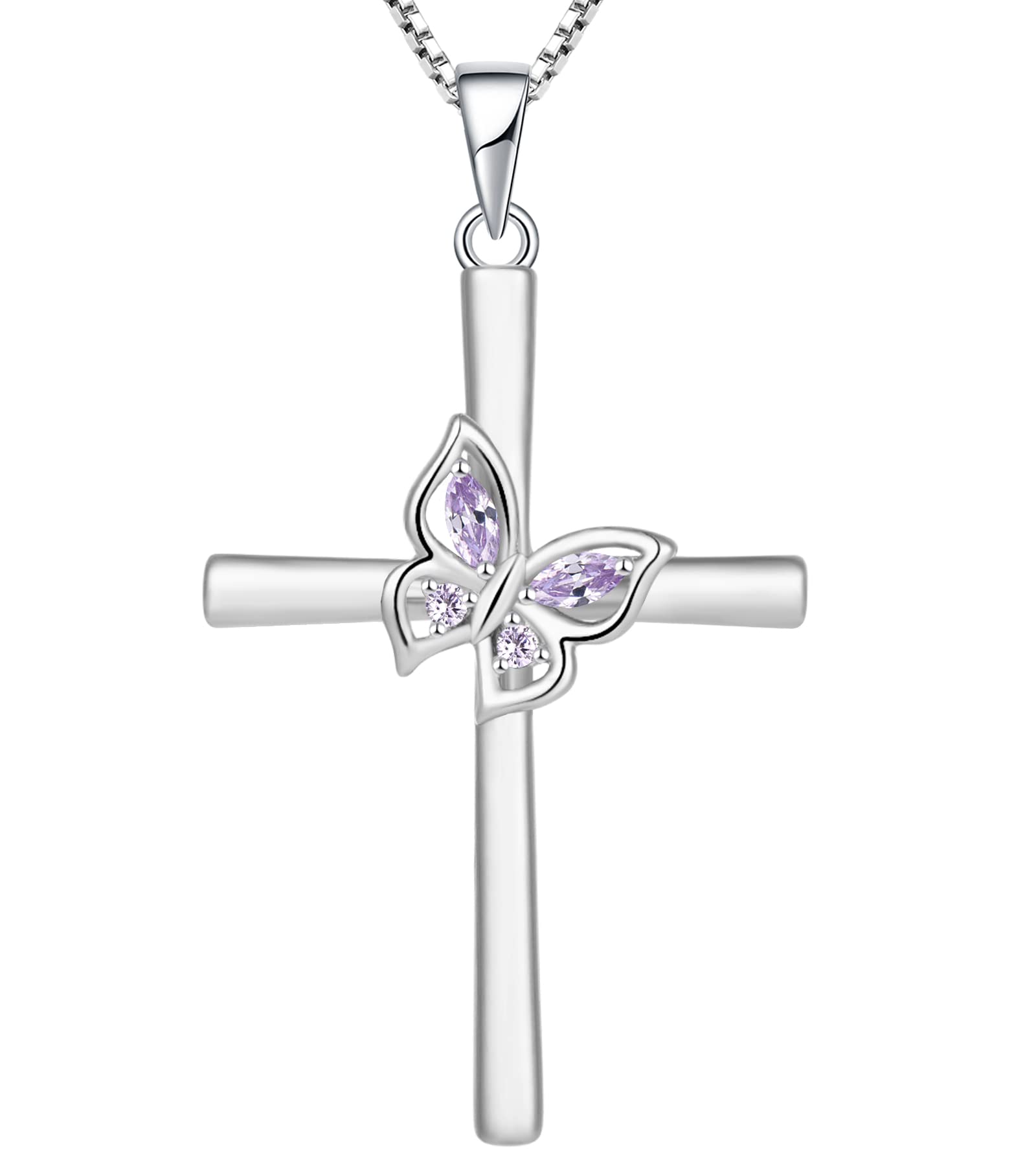 YL Butterfly Cross Necklace - Sterling Silver Crucifix Pendant with Gemstones for Women | Elegant Religious Jewelry Gift for Baptism, Confirmation & Everyday Wear