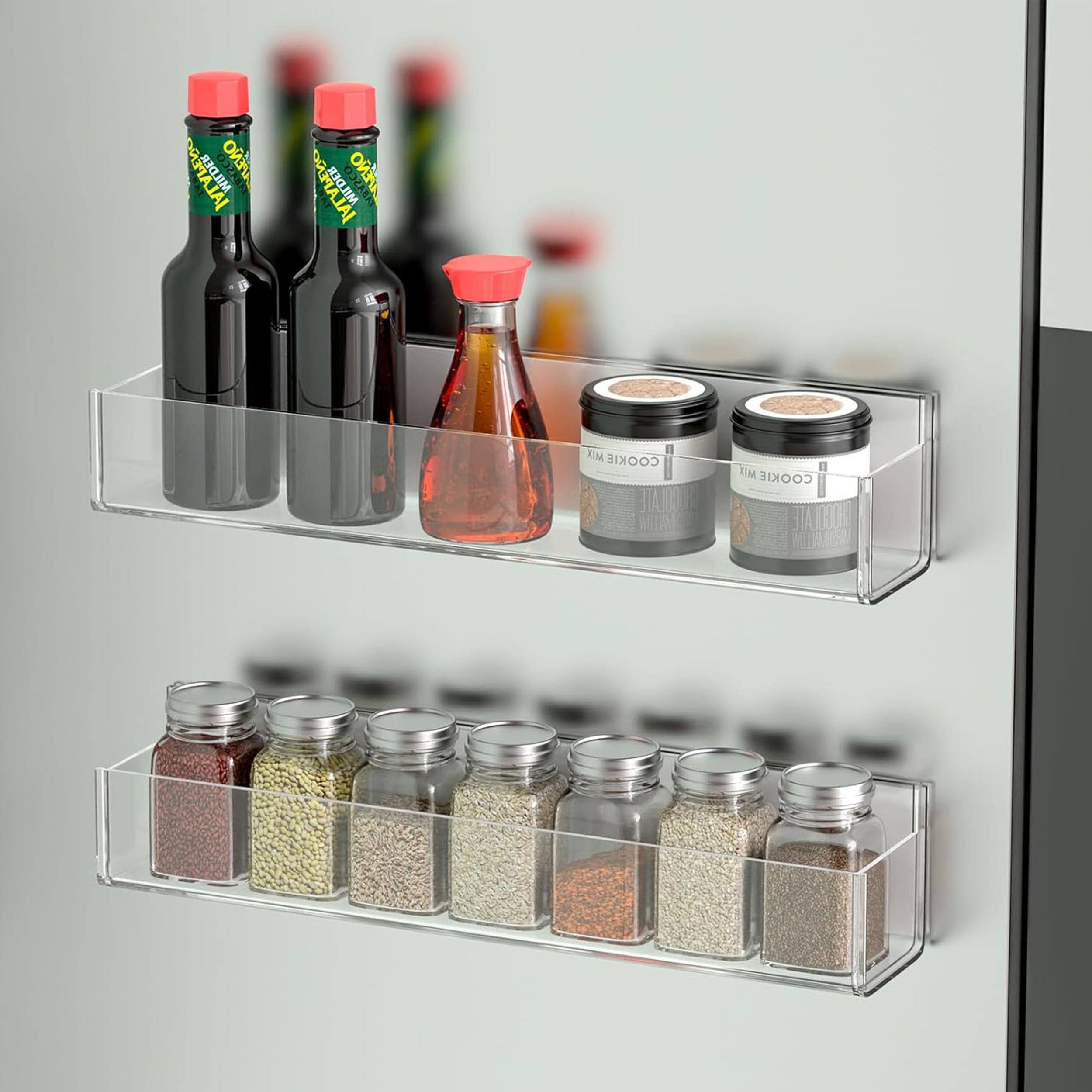 PMMASTO Clear Acrylic Spice Rack Organizer - 2 Pack with Nano Double Sided Tape | Wall Mount Kitchen Cabinet & Pantry Door Storage | Perfect for Spice Jars, Seasoning Bottles & Small Kitchen Essentials