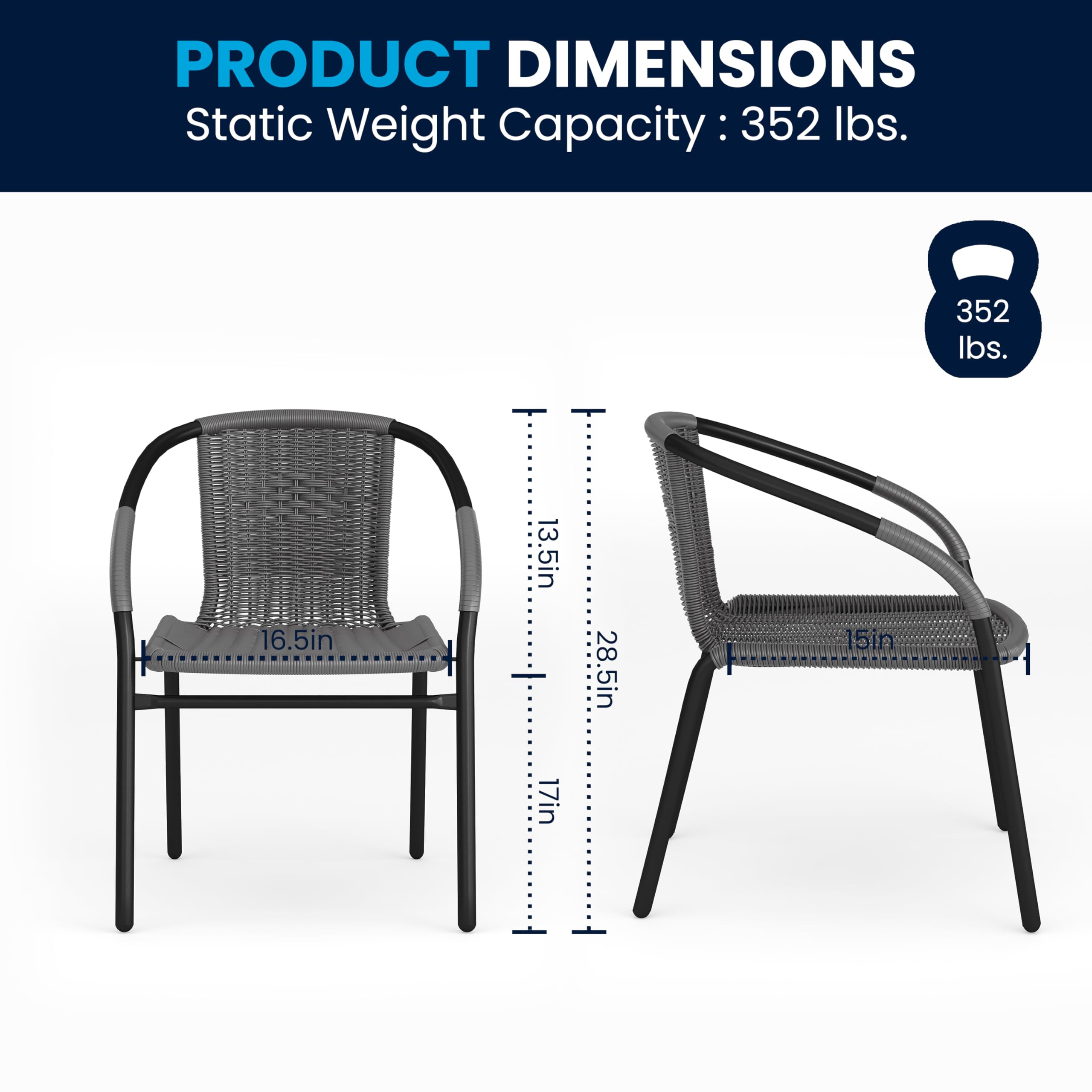 Flash Furniture 3-Piece Outdoor Dining Set - Round Glass Top Metal Table with 2 Stackable Wicker Chairs, Gray Bistro Set for Patio, Garden, Balcony & Backyard Relaxation