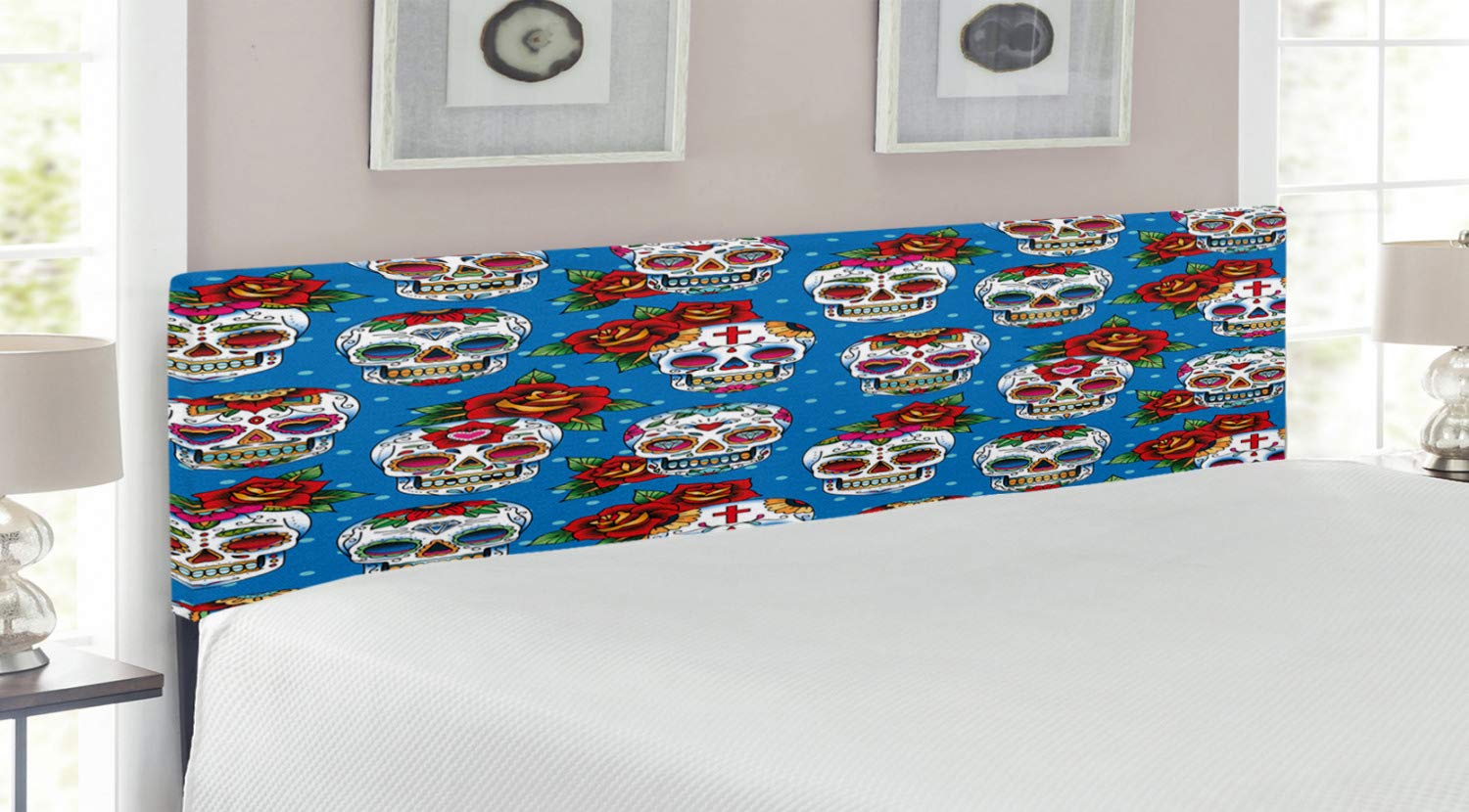 Ambesonne Sugar Skull King Size Headboard - Retro Mexican Cultural Pattern with Polka Dots & Rose Bouquets - Upholstered Decorative Metal Bed Frame with Memory Foam - Multicolor Bohemian Bedroom Decor for Guest Rooms & Dorm Style