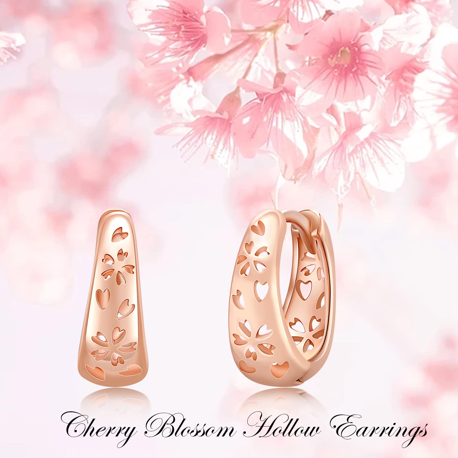 TwoOwl 925 Sterling Silver Rose Gold Hoop Earrings - Lotus Flower Openwork Huggie Earrings for Women, Sakura Wide Hoops Jewelry Gift (Perfect for Mother's Day, Birthday, Anniversary & Everyday Wear)