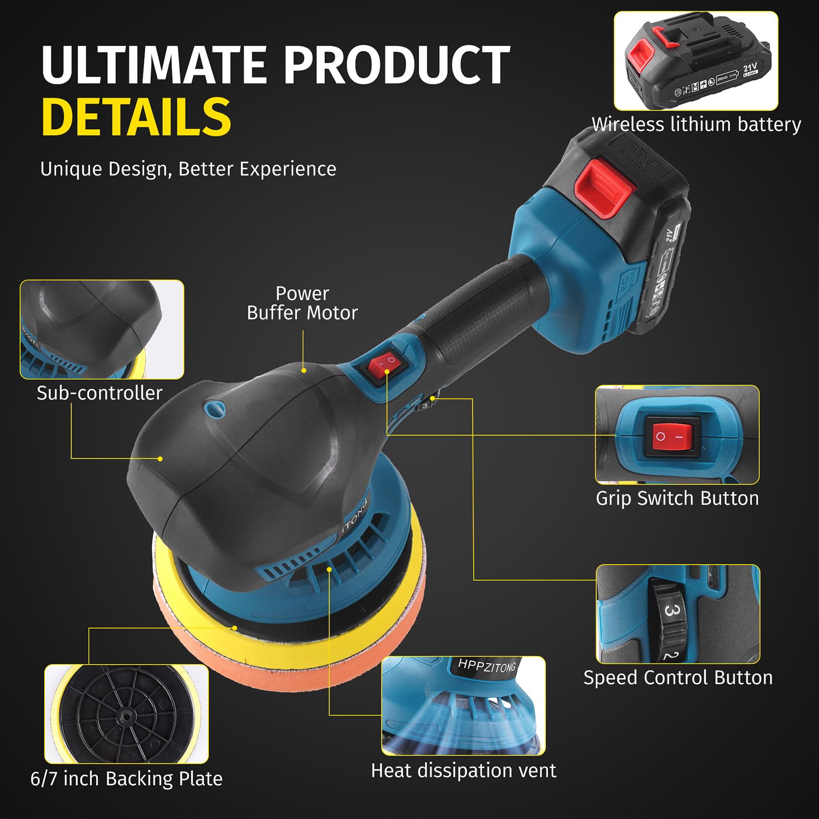 Cordless Car Buffer Polisher - 6-Speed Adjustable Polishing Machine for Car Detailing, Waxing & Buffing | Includes 2x 2000mAh Li-ion Batteries & Charger | Perfect for Auto Detailing, RV Cleaning & Boat Polishing