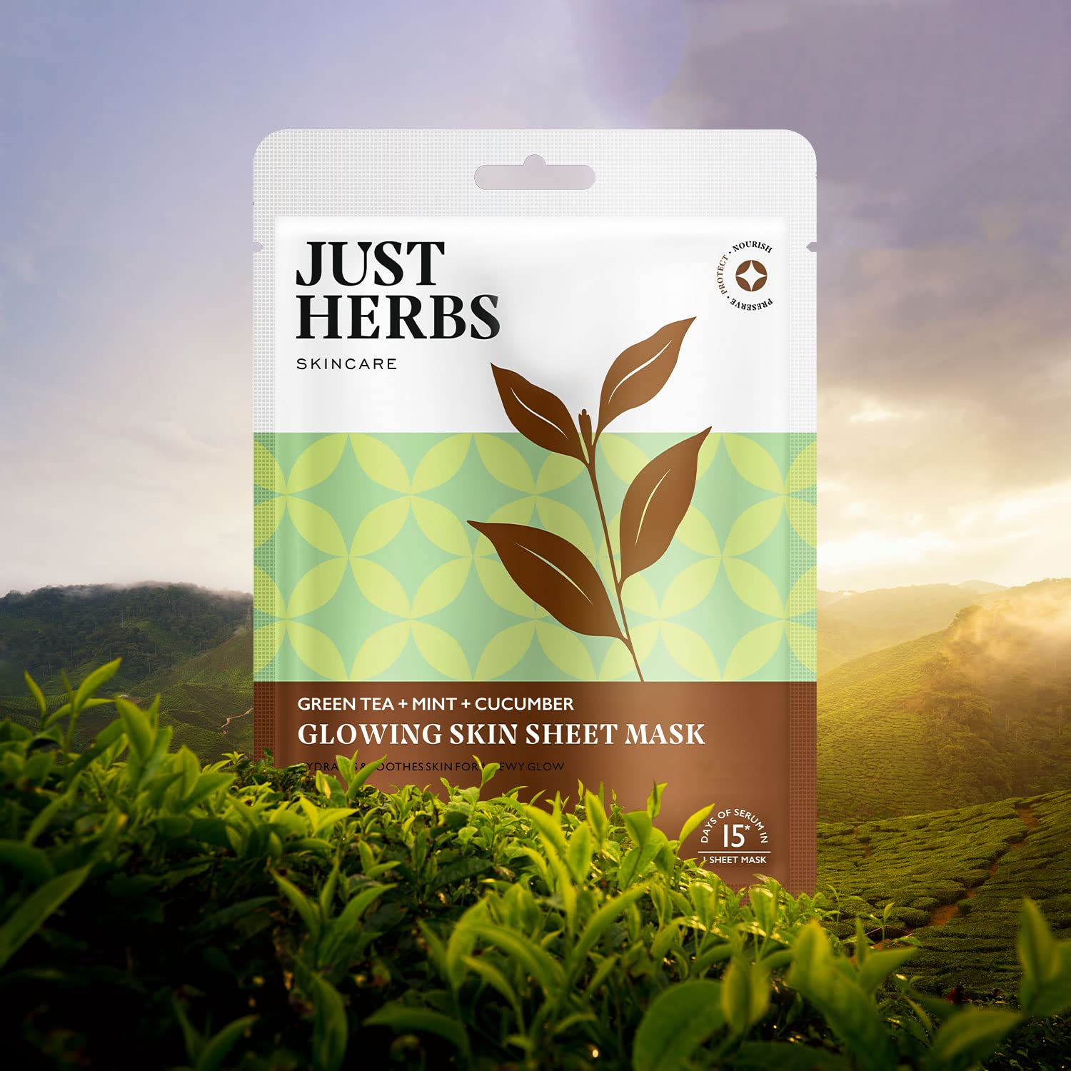 Just Herbs Sheet Mask for Glowing Skin - Green Tea, Mint & Cucumber Facial Serum Masks (20g) | Hydrating & Brightening Face Mask for Spa Day & Self-Care Routine