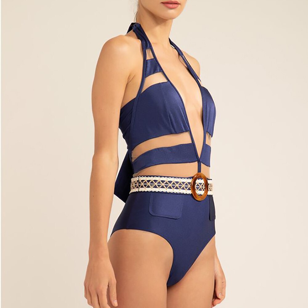 Women's Blue Cutout Triangle Swimsuit with Metal Ring Tie & Lace Back - Sexy Tankini Swimwear for Beach, Pool & Summer Vacation