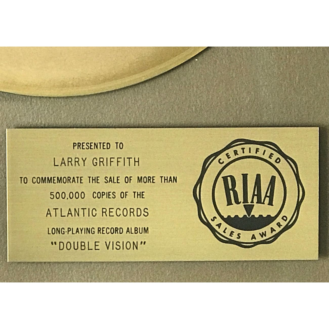 RIAA Gold Album Award - Double Vision Foreigner - Official Music Recognition Plaque for Display & Collectors