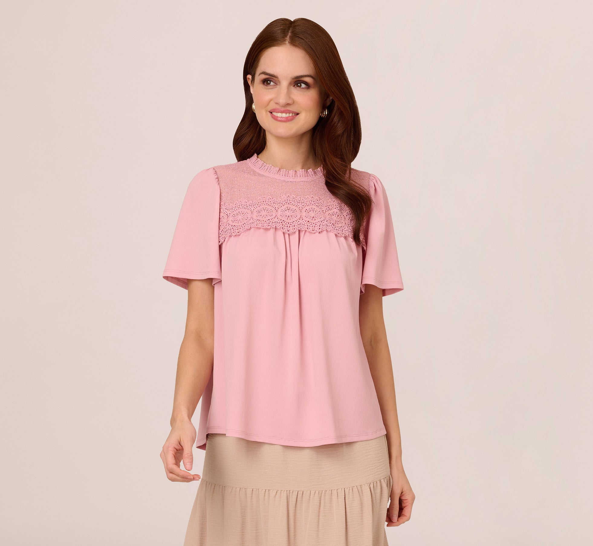 Flutter Sleeve Lace Yoke Trapeze Top - Women's Pink Nectar Blouse for Casual Wear & Summer Outfits