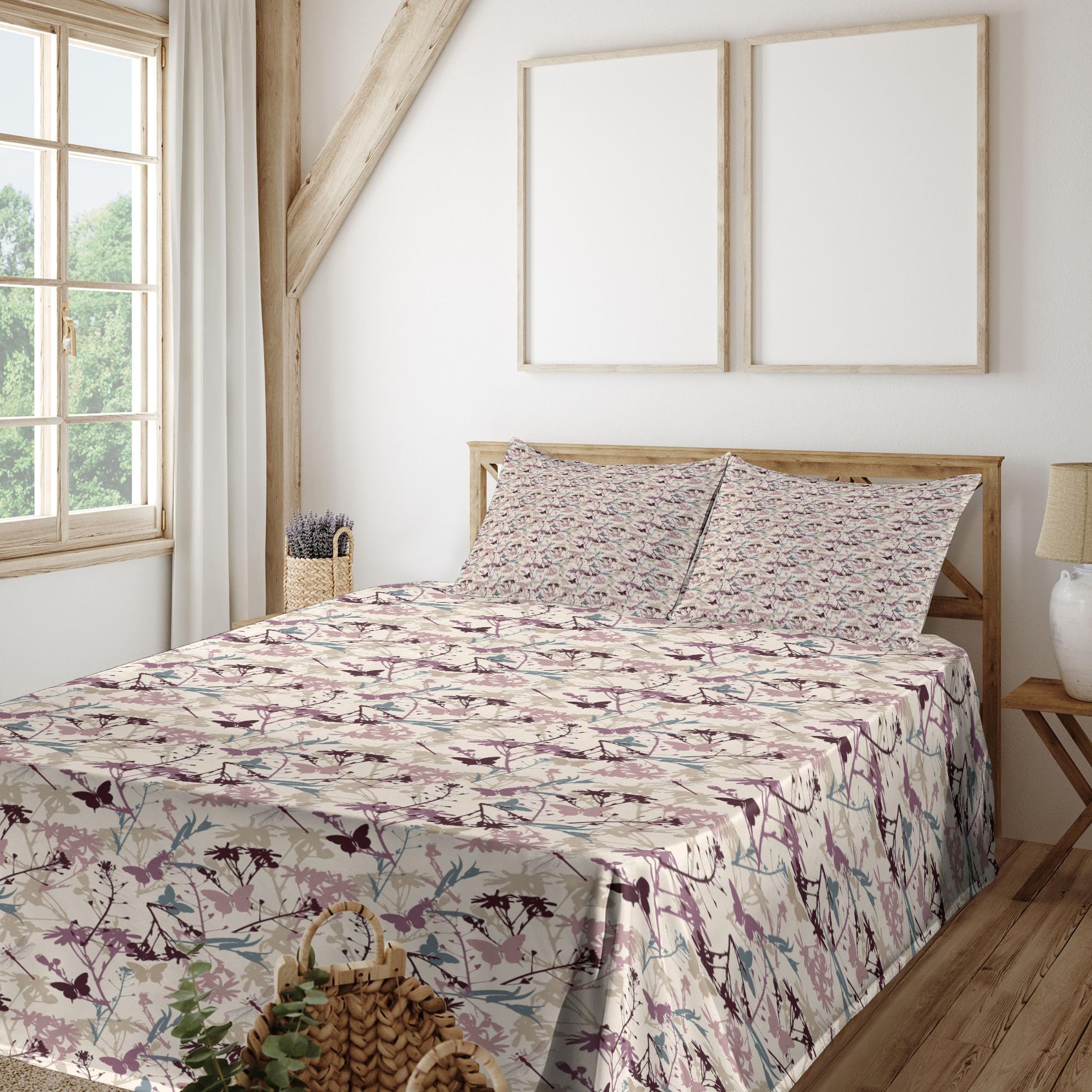 Ambesonne Floral Sheet Set 4-Piece King Size - Abstract Butterfly & Dragonfly Wildflowers Design, Teal Beige Mauve Bedding with Fitted Sheet, Flat Sheet & Pillowcases | Perfect for Guest Rooms, Master Bedrooms & Bohemian Home Decor