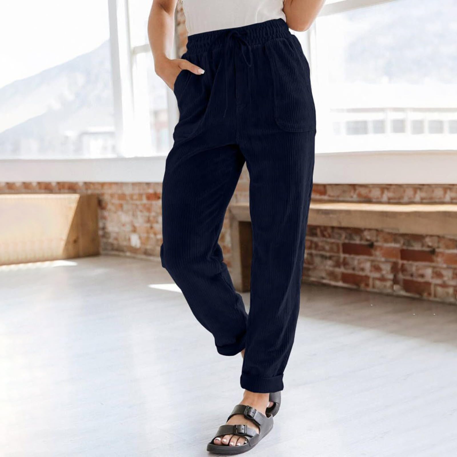 Women's High Waisted Corduroy Pants - Straight Leg Pull On Dress Pants with Pockets | Comfortable Business Casual Work Pants for Office, Travel & Everyday Wear