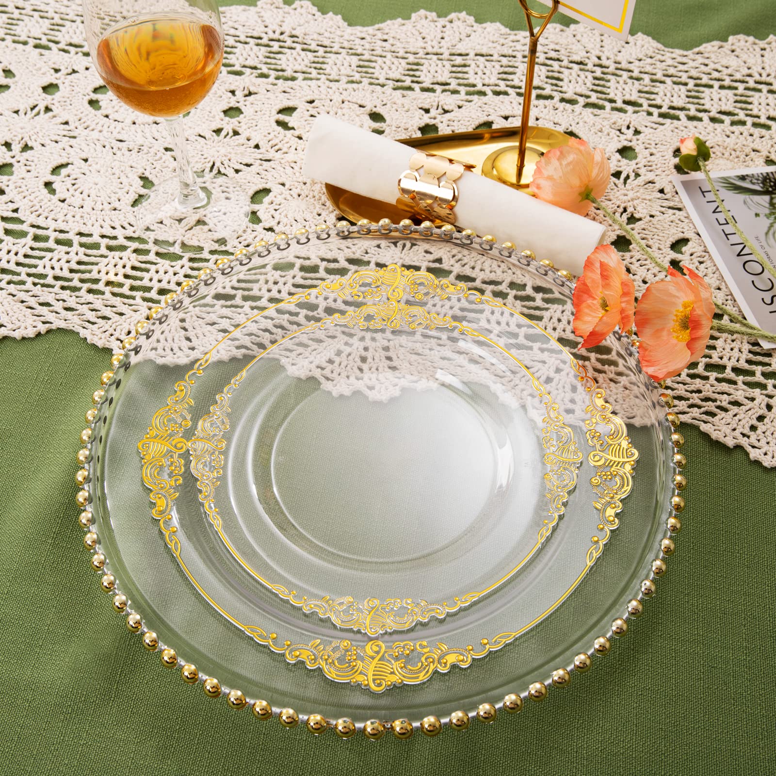 100PCS Clear & Gold Plastic Plates and 60 Pack Clear Gold Plastic Coffee Mugs - Elegant Disposable Tableware for Parties, Weddings, and Events