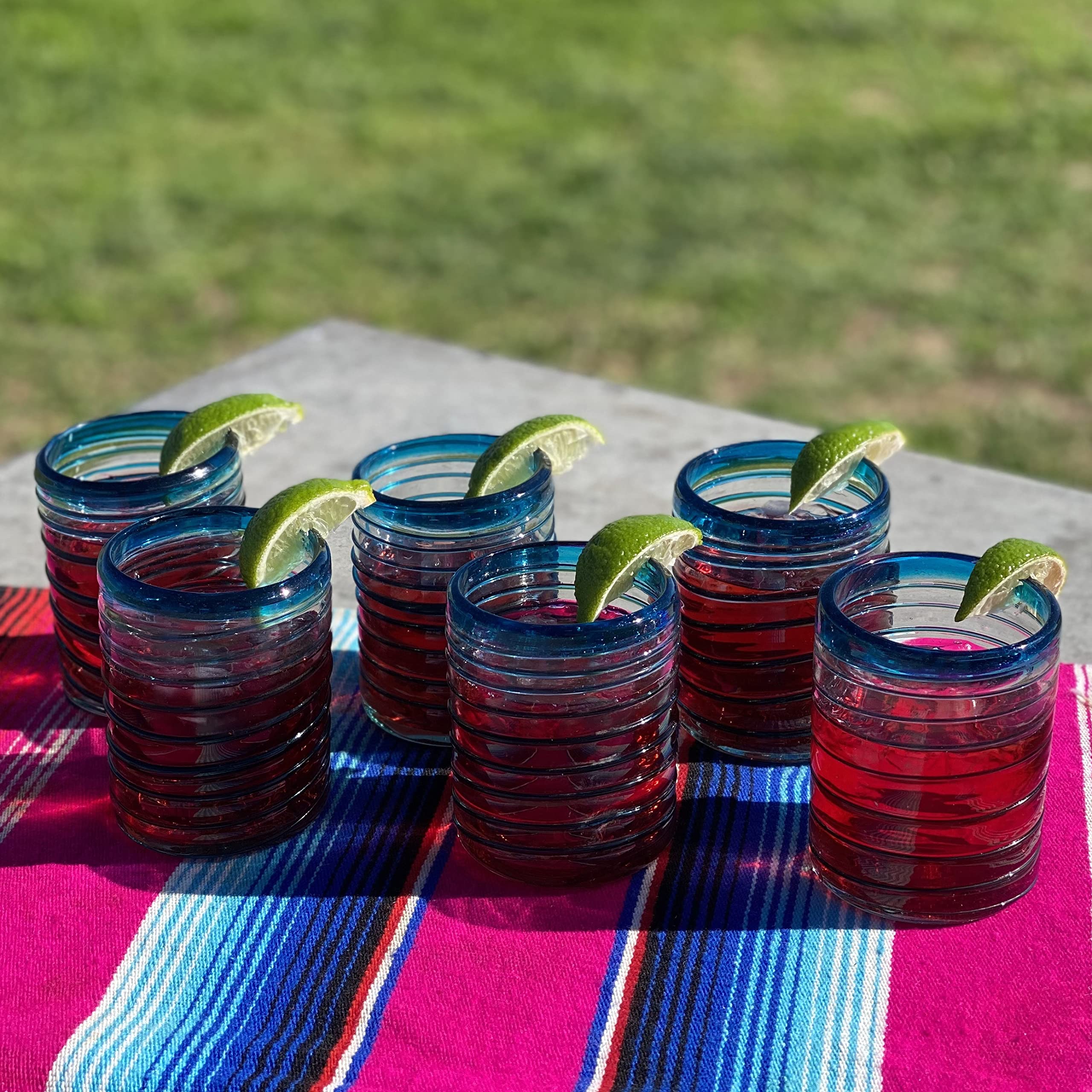 Hand Blown Mexican Drinking Glasses Set of 6 - 10oz Aqua Spiral Design Tumbler Glasses for Margaritas, Cocktails & Iced Tea - Durable & Unique Glassware for Home Bar, Restaurant or Party Use