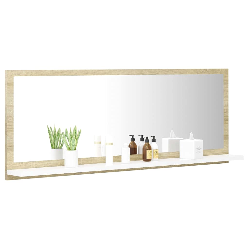 Wall Mounted Acrylic Bathroom Mirror with Open Shelves - White & Sonoma Oak (39.4