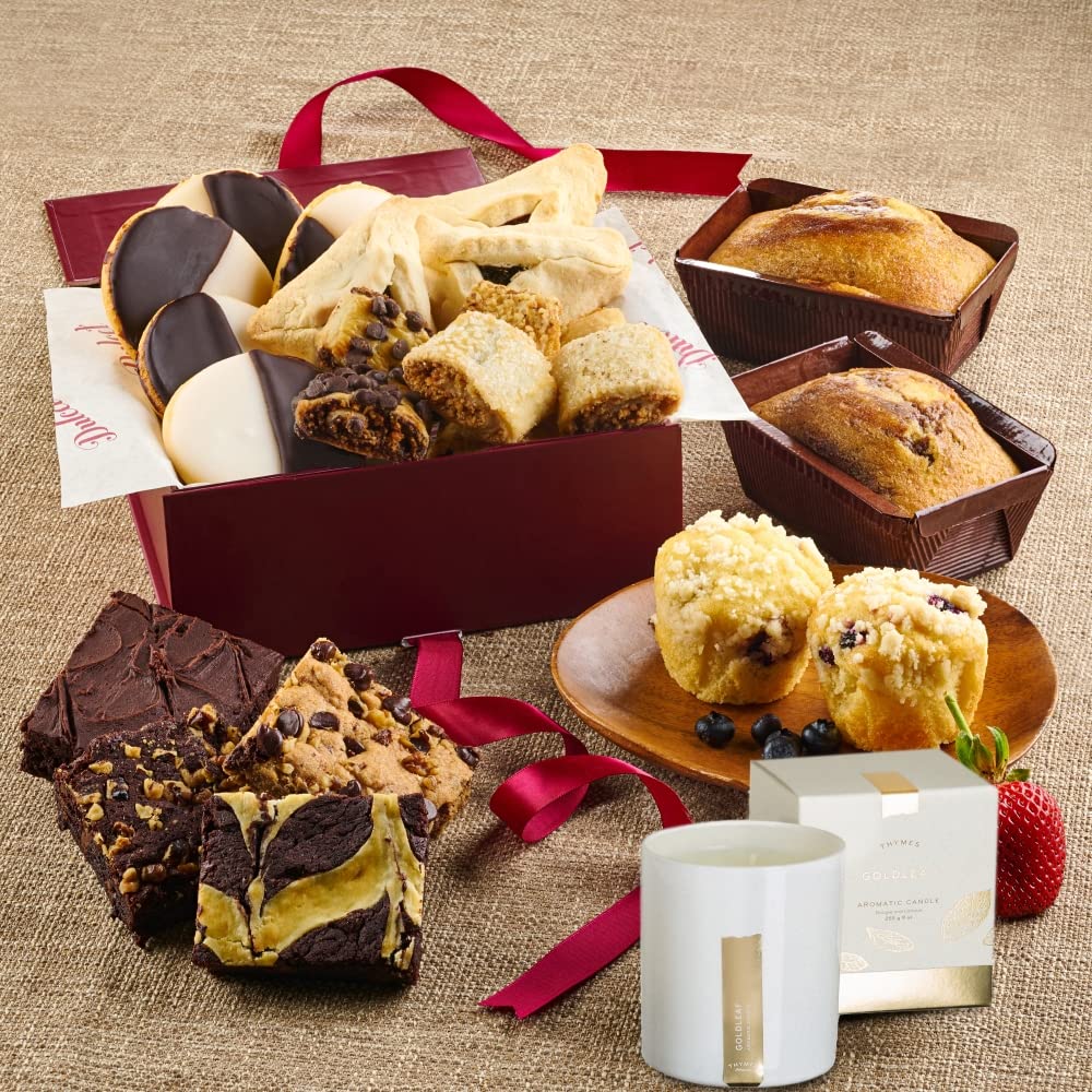 Happy Purim Gourmet Bakery Gift Box - Freshly Baked Hamantaschen, Brownies, Cookies & Blueberry Muffins | Purim Party Treats & Corporate Gifts | Handmade Kosher Desserts for Holiday Celebrations & Office Events
