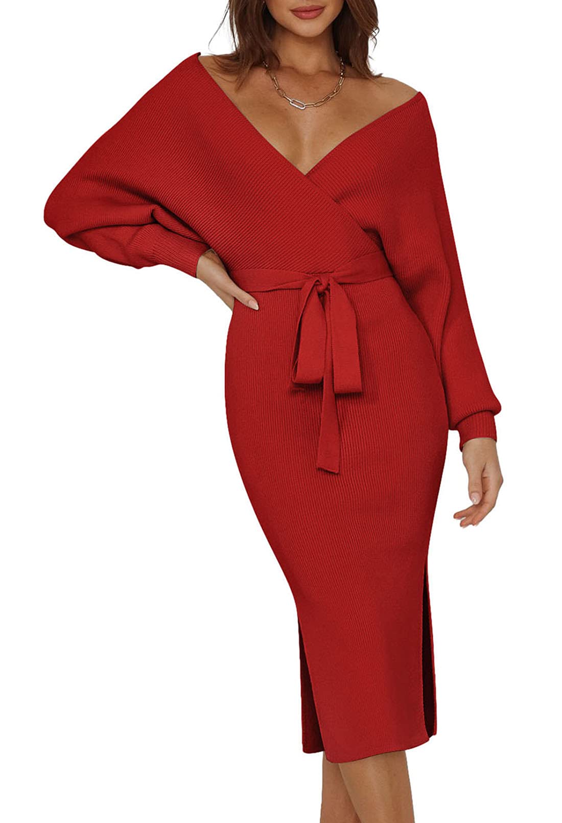 Pink Queen Women's V-Neck Wrap Dress with Batwing Sleeves & Belt - Sexy Backless Maxi Knit Dress for Date Night, Party & Special Occasions