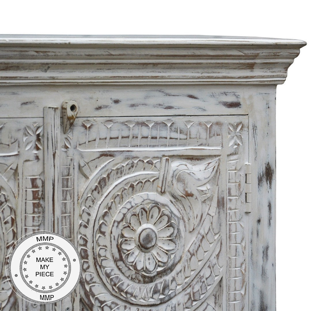 Hand Carved Floral Indian Small Cabinet with Intricate Doors - White - Perfect for Home Decor, Living Room Storage & Boho Style Interiors