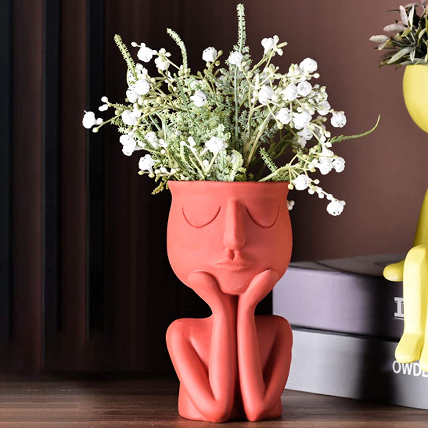 Modern Human Face Design Flower Pots & Planters with Stand - Indoor/Outdoor Decorative Plant Vases for Home Garden, Office Decor (Black)