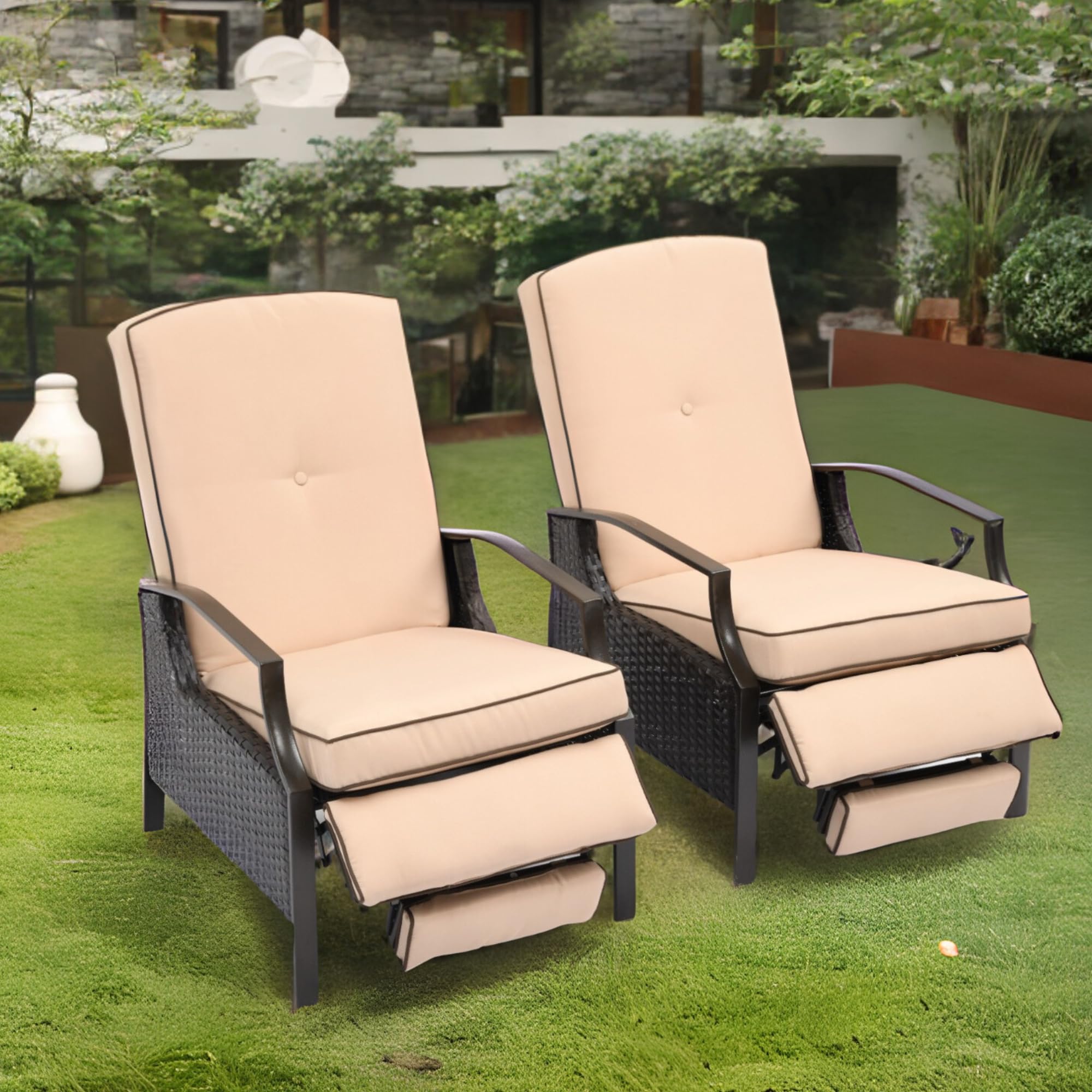 YITAHOME 2-Piece Outdoor Recliner Chair Set - Adjustable Wicker Patio Lounge Chairs with Thick Cushions & Footrest - Brown & Beige Rattan Furniture for Backyard, Poolside, and Garden Relaxation