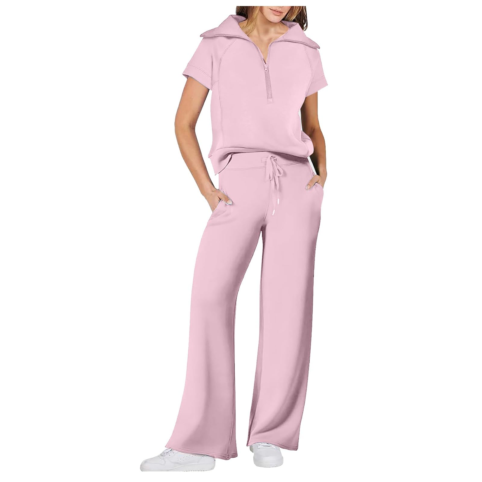 2 Piece Women's Summer Lounge Set - Cotton Quarter Zipper Tops & Drawstring Wide Leg Pants for Beach, Vacation & Casual Wear
