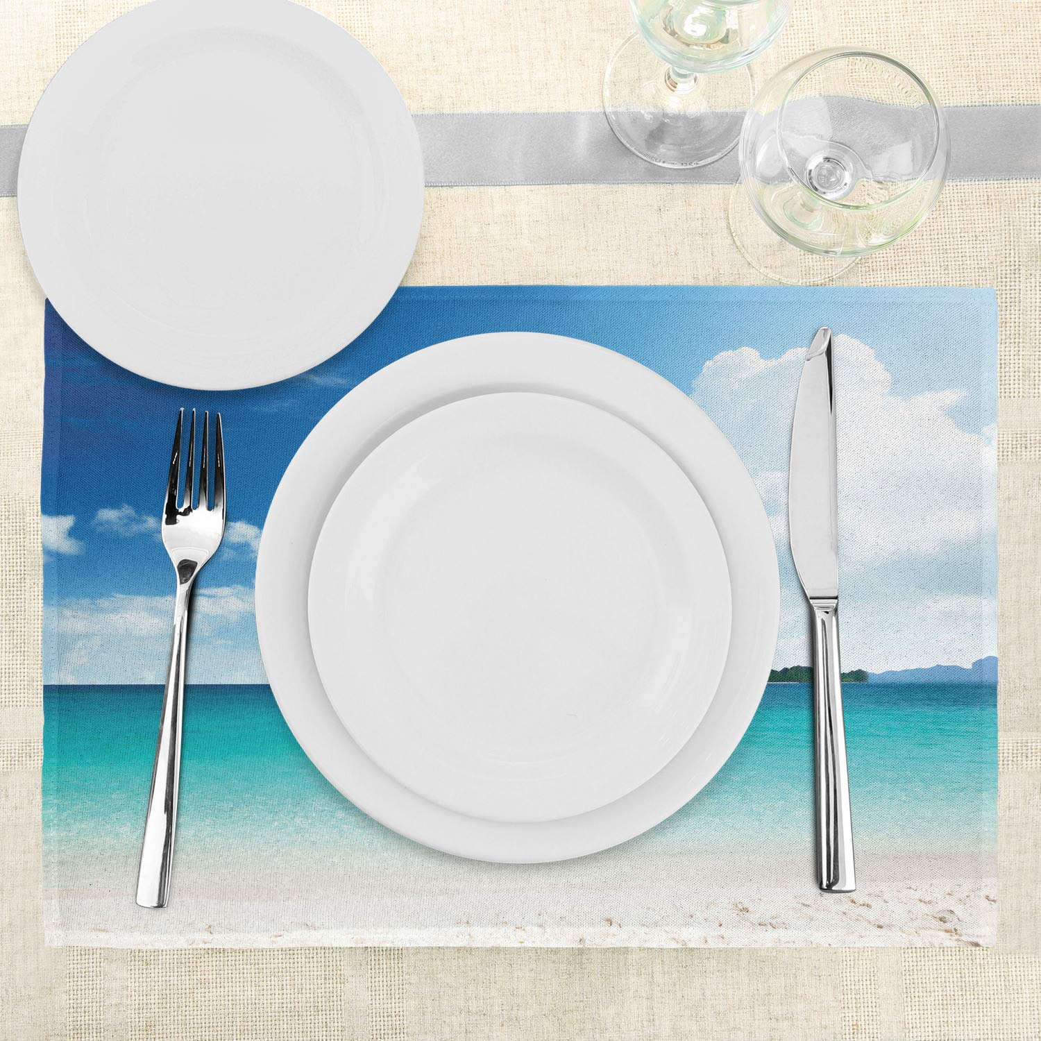 Ambesonne 4-Piece Island Place Mats Set – Thailand South Tropic Paradise Poda Island Photo Design, Washable Fabric Table Mats for Dining Room & Kitchen Decor in Blue White Cream – Perfect for Beach House, Tropical Theme Parties & Summer Dining
