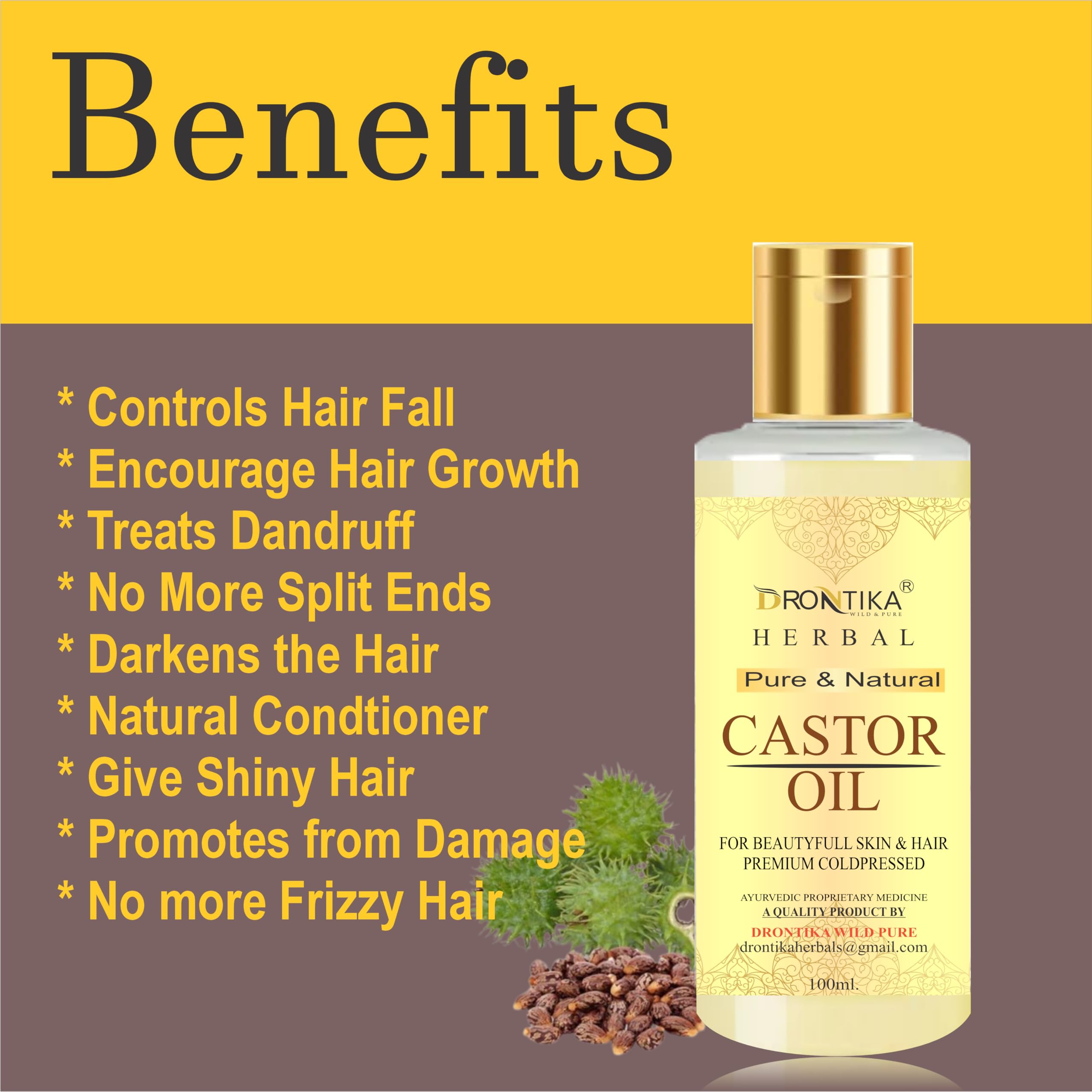 Drontika 100% Pure Cold Pressed Castor Oil for Hair Growth, Skin & Nail Care - 100ml Natural Treatment for Eyelashes, Eyebrows & Scalp - Perfect for DIY Beauty & Hair Regimen