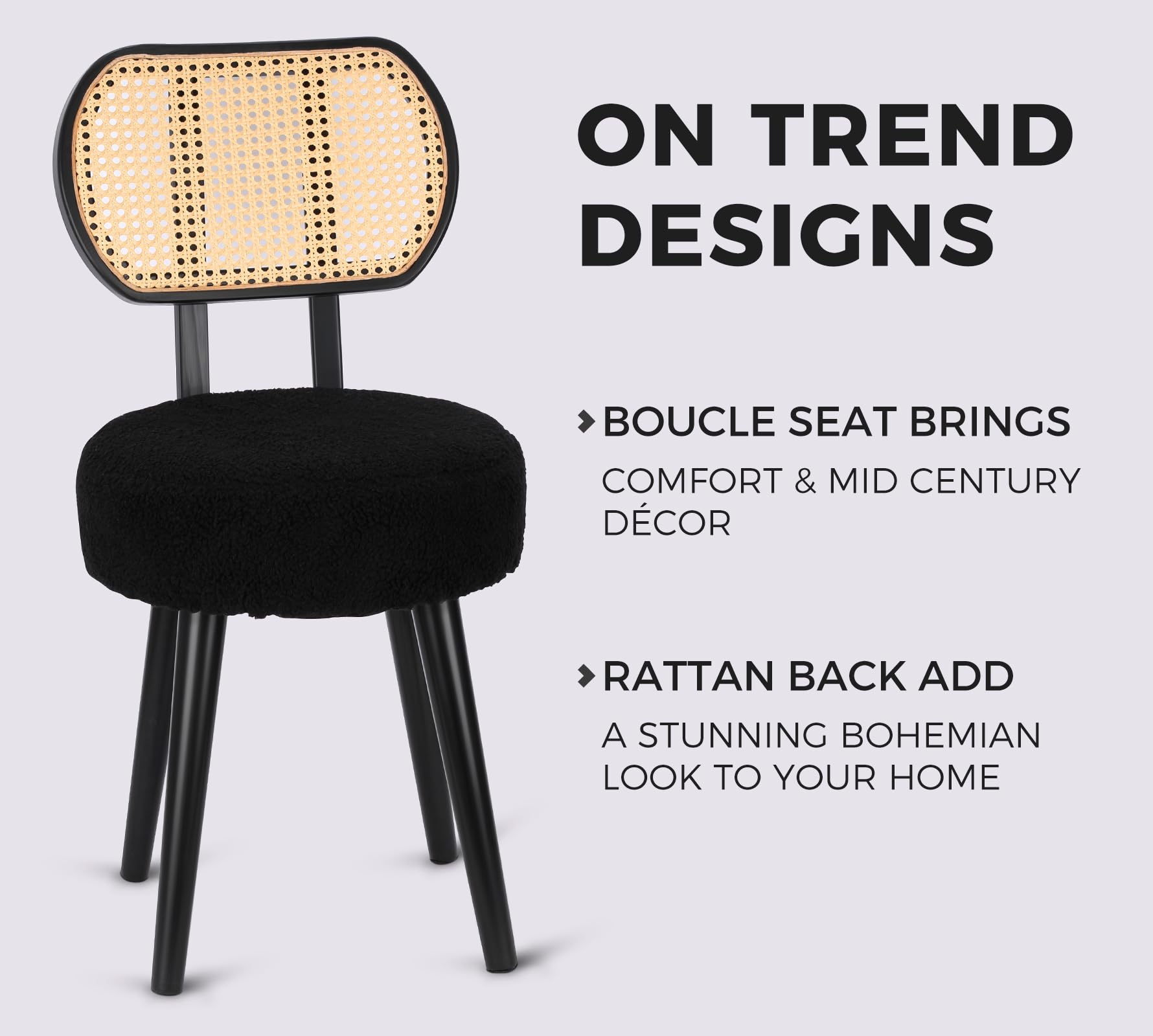 ZYBT Rattan Dining Accent Chair - Upholstered Wood Boucle Boho Mid Century Vanity Chair, 1 Piece - Perfect for Dining Room, Bedroom, or Boho Home Decor
