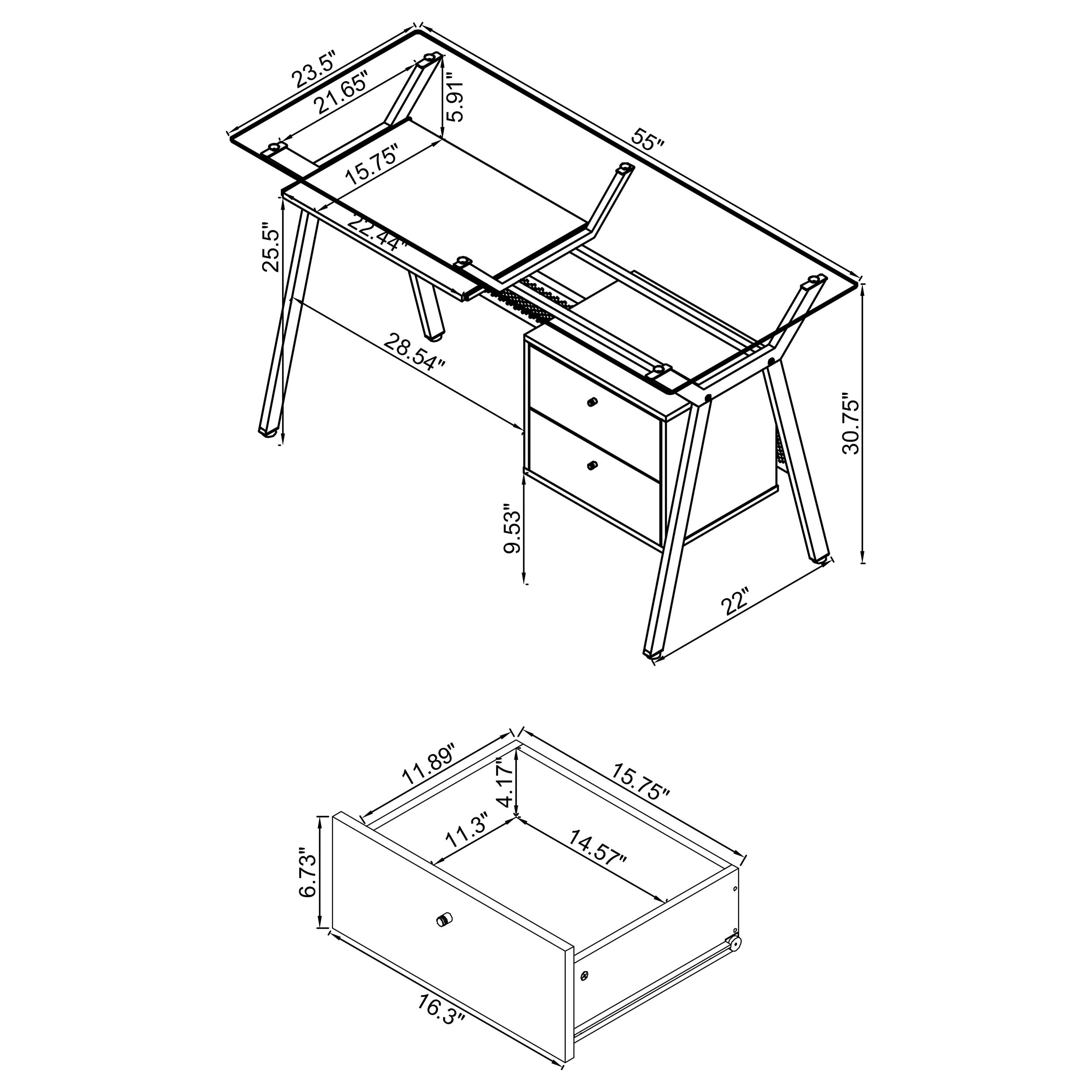 Modern 55-Inch Office Computer Desk with Black Tempered Glass Top - 2-Drawer Storage Workstation (55