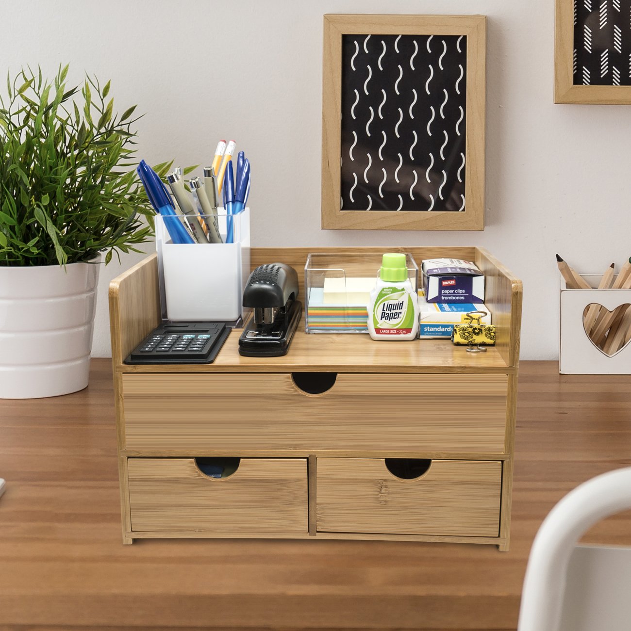 Sorbus 3-Tier Bamboo Desk Organizer with Drawers & Shelf - 100% Natural Bamboo Desktop Storage Box for Office, Makeup Vanity & Countertop Organization - Perfect for Pens, Cosmetics & Small Accessories - Fully Assembled