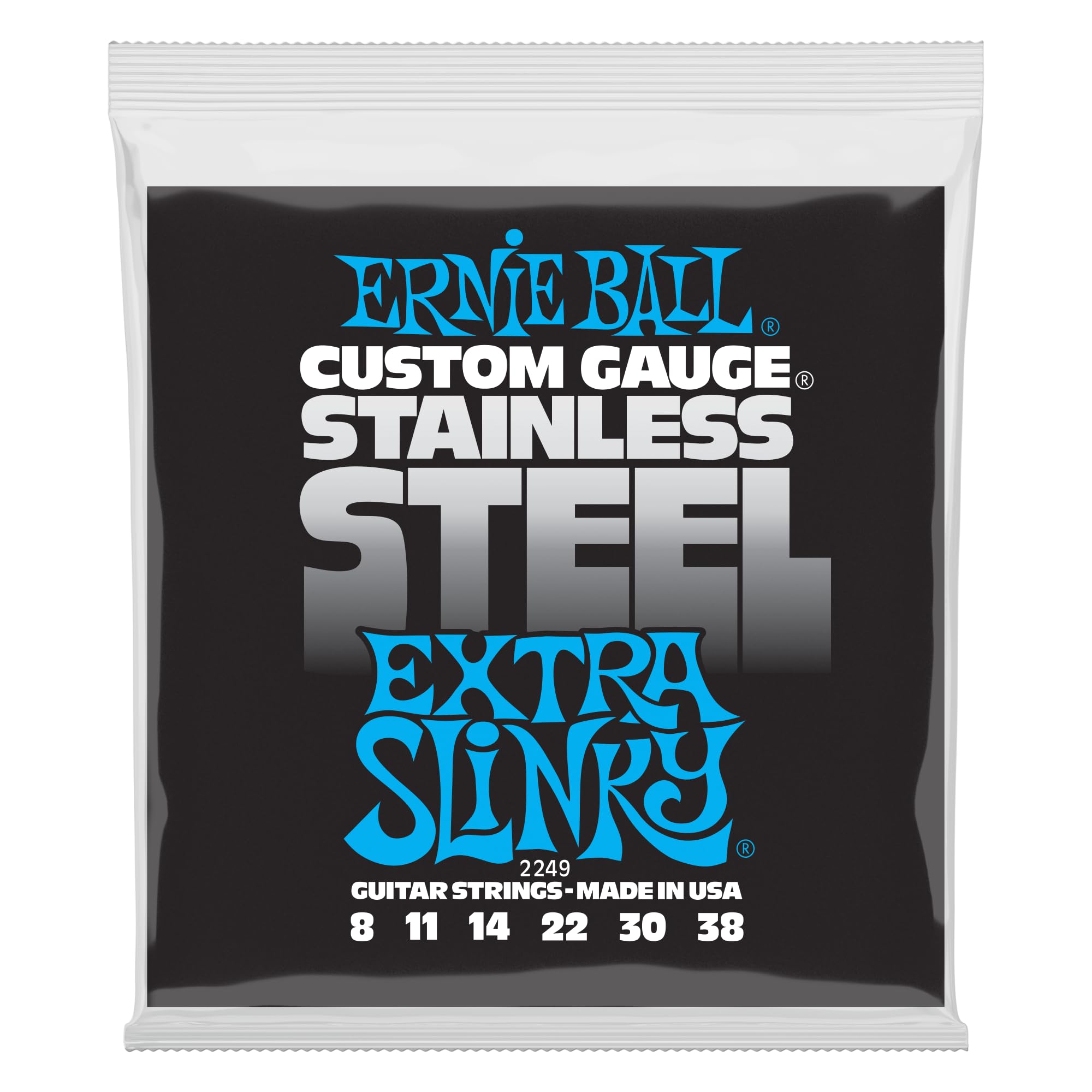 Ernie Ball Extra Slinky Stainless Steel Electric Guitar Strings 8-38 Gauge (P02249) - Perfect for Rock, Blues & Metal Guitarists - Studio & Live Performance