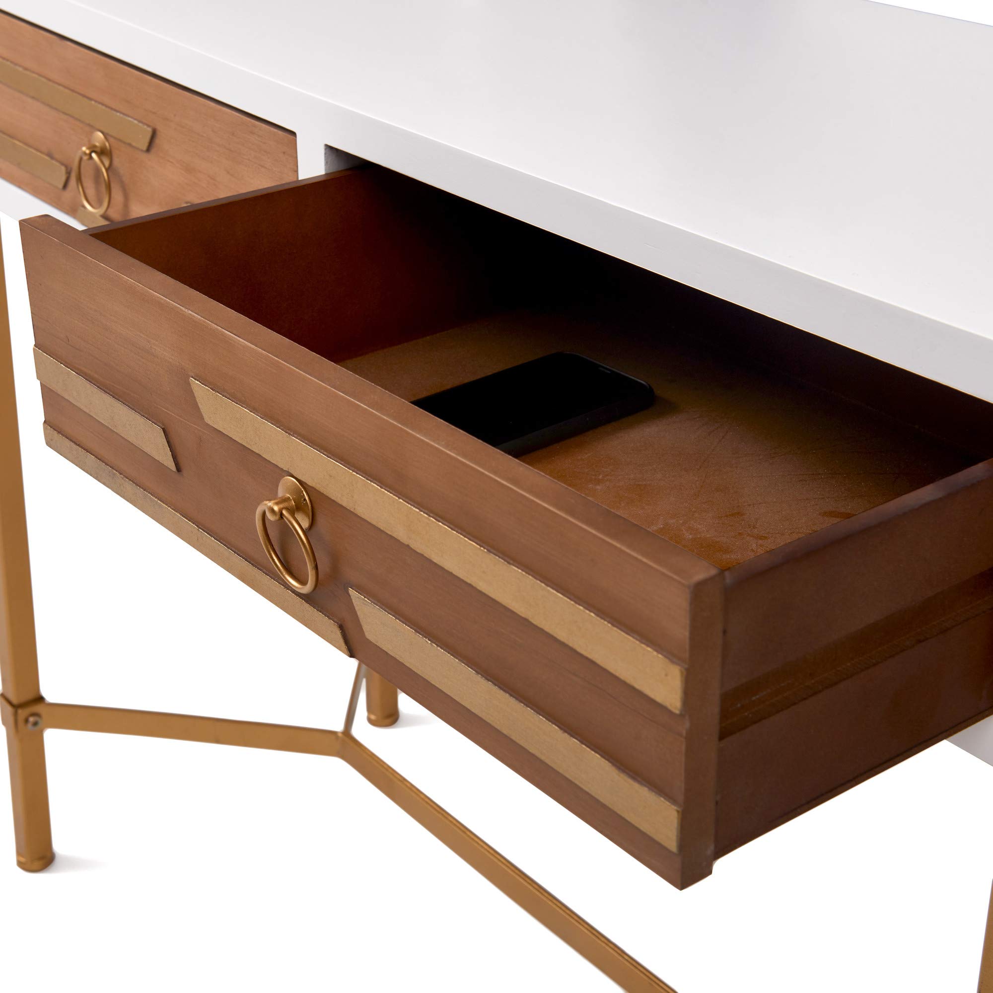Jupiter Mid Century Modern Console Table with 2 Drawers - White & Gold Rectangular Entryway Desk for Small Spaces, Living Room & Home Office - Metal Legs & Easy Assembly - Perfect for Hallway Decor & Apartment Furniture