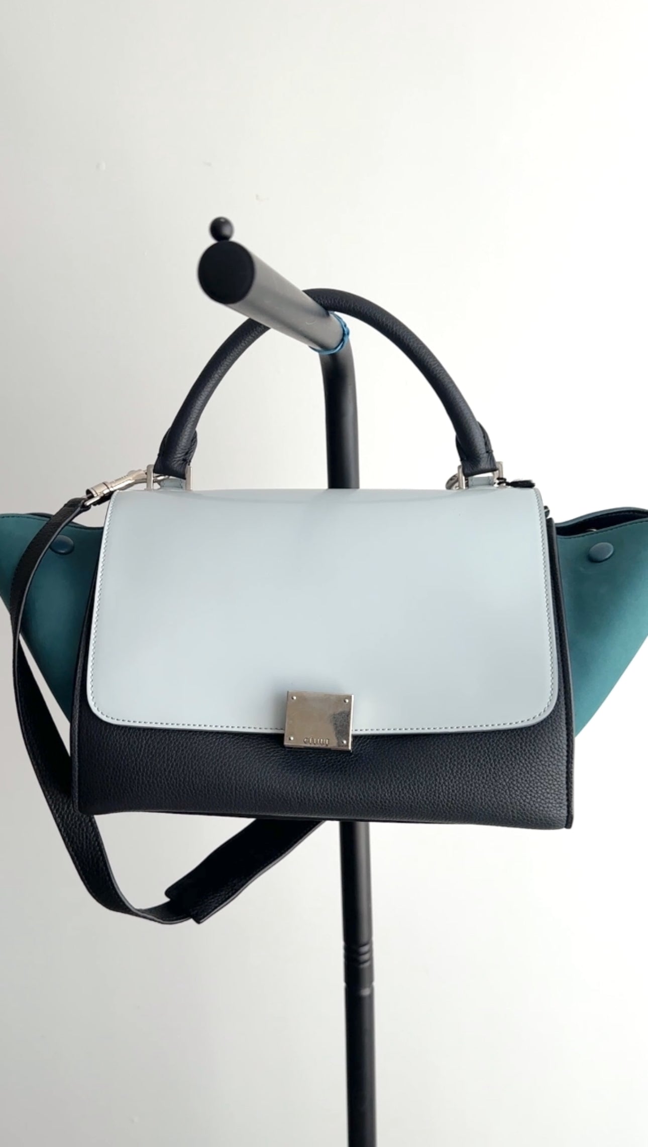 Celine Small Tri-Color Blue Trapeze Handbag with Silver Hardware - Perfect for Work, Travel & Everyday Use