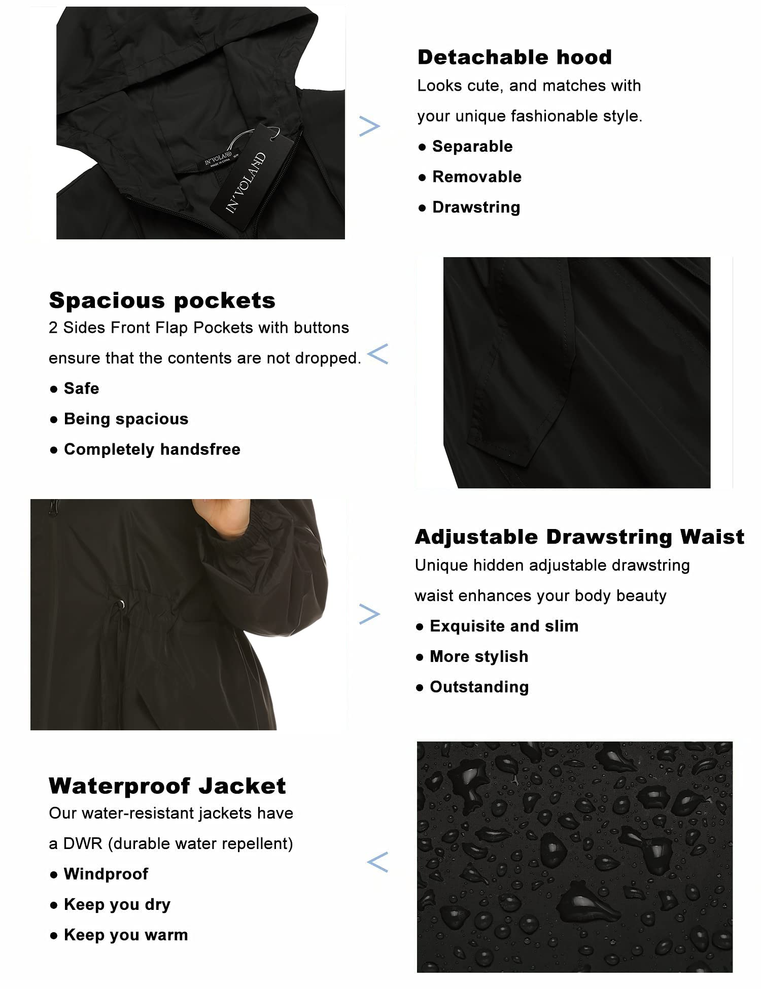 IN'VOLAND Women's Lightweight Waterproof Rain Jacket with Hood & Pockets - Plus Size Long Windbreaker Raincoat for Outdoor Hiking, Commuting & Travel