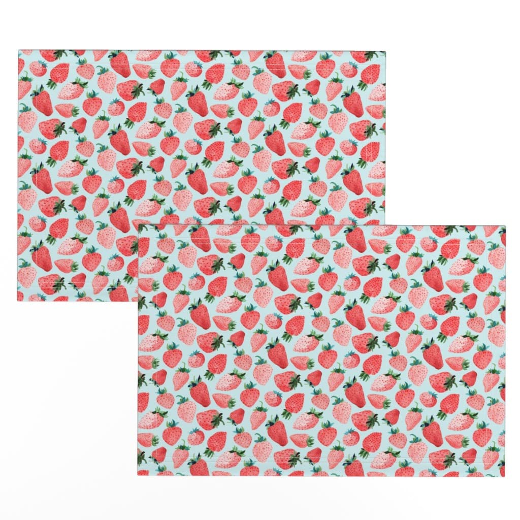 Premium Linen Cotton Canvas Placemats Set of 2 - Blue Strawberry Angel Red Fruit Berries Summer Print Table Mats for Dining, Kitchen Decor & Party Settings
