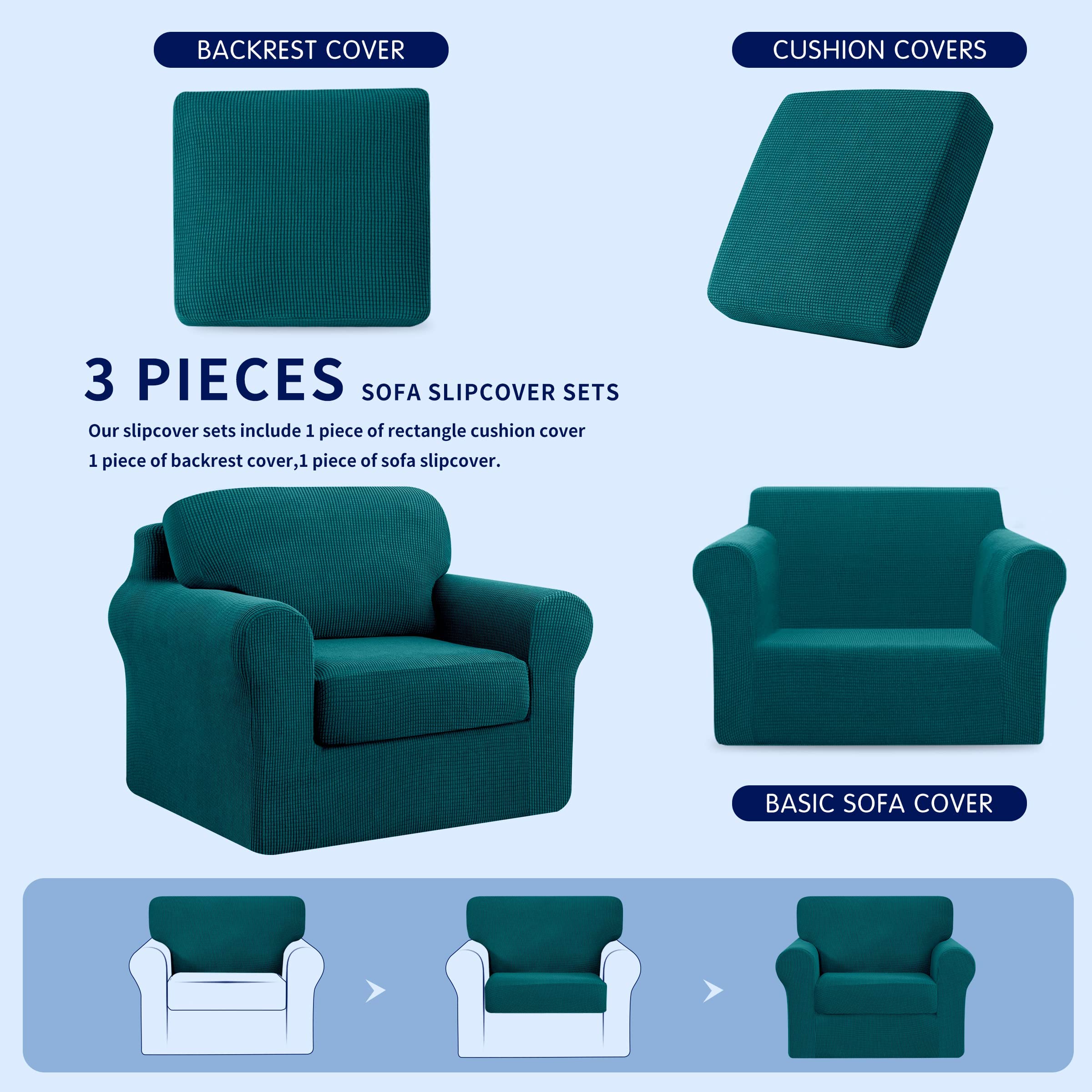 SUBRTEX 3-Piece Armchair Cover & 9-Piece XL Sofa Cover Set - Stretchable Couch Slipcovers with Separate Backrest & Cushion Covers - Living Room Furniture Protector (Small + X-Large, Turquoise) | Perfect for Home Decor, Pet Protection & Furniture Renewal