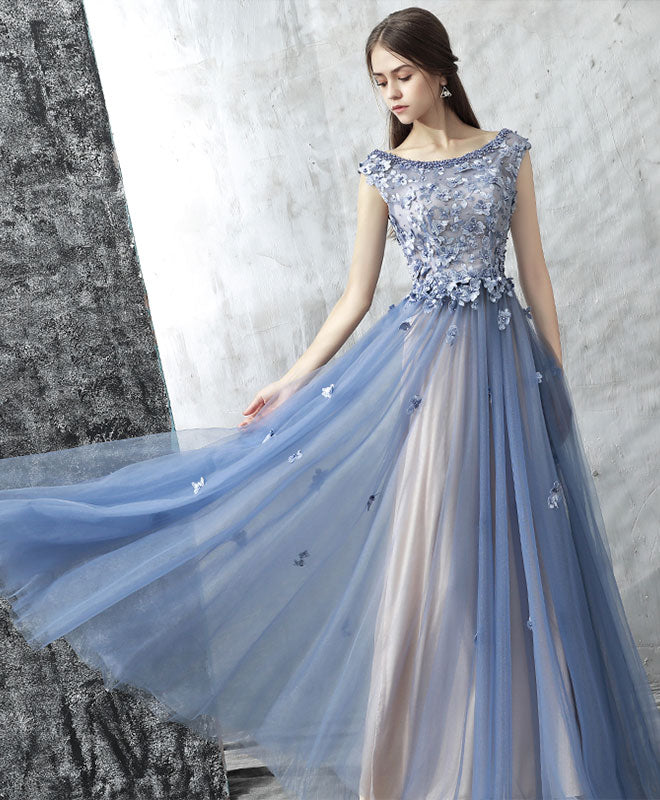 Elegant Blue Lace Applique Beads Tulle Long Prom Dress - Lace Evening Gown for Formal Events, Homecoming, Wedding Guest & Special Occasions
