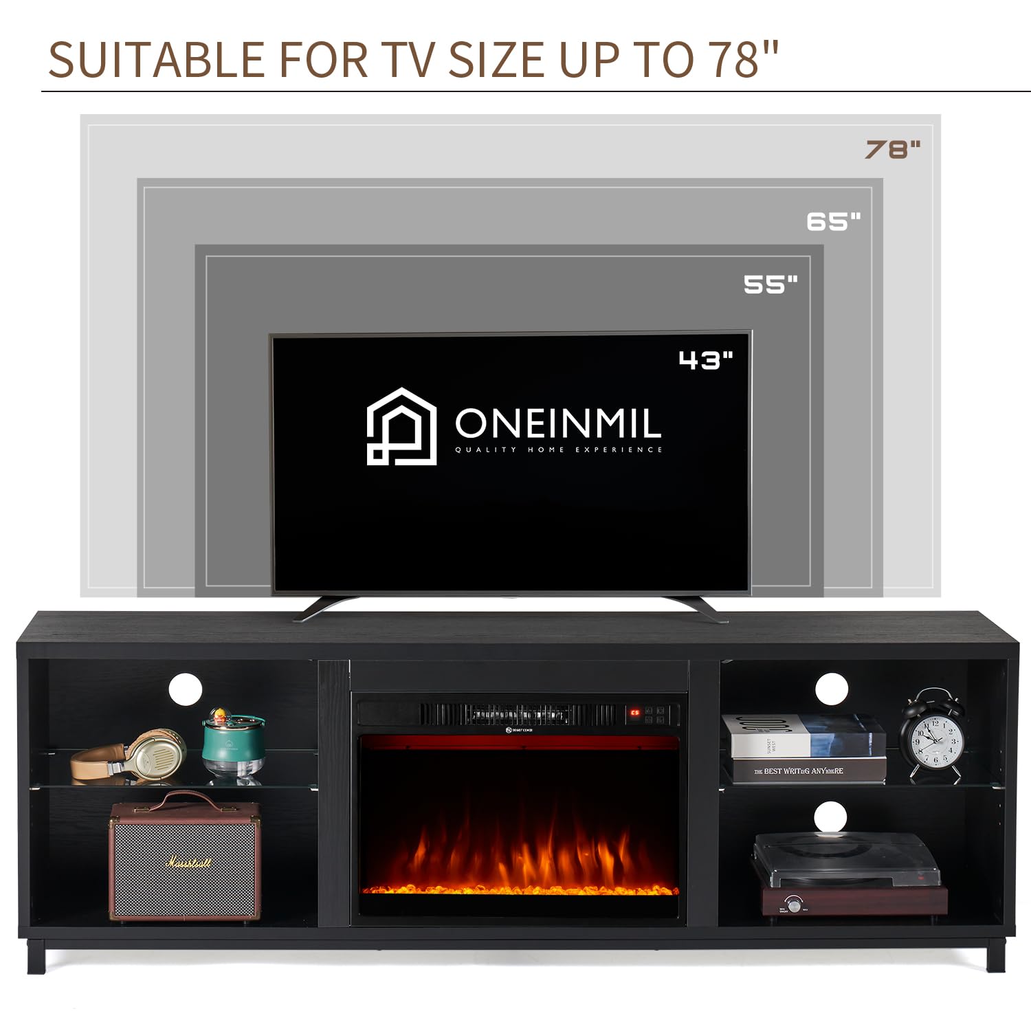 68 Inch Modern Fireplace TV Stand for 78 Inch TVs - 3D Electric Fireplace Entertainment Center with Wood Storage & Cable Management - Black TV Cabinet for Living Room (Perfect for Home Theater & Cozy Winter Nights)