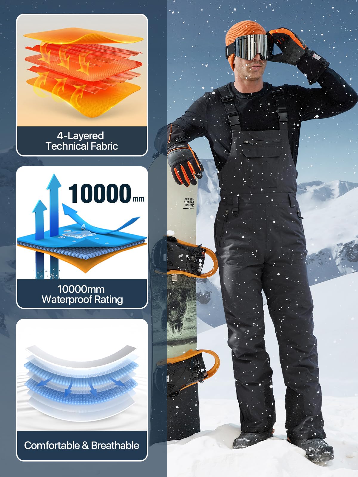 FREE SOLDIER Men's Waterproof Insulated Snow Bib Overalls - Windproof Softshell Ski Pants for Cold Weather | Perfect for Skiing, Snowboarding & Winter Outdoor Activities