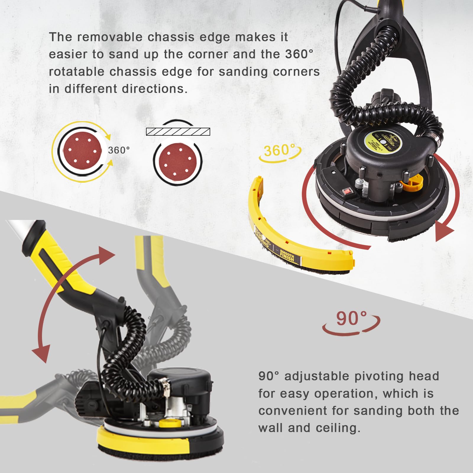 780W Drywall Sander with Vacuum Attachment - 6.5A Popcorn Ceiling Removal Tool with Auto Dust Absorption, 7 Variable Speeds & LED Light - Includes 10 Sanding Discs - Perfect for Wall Smoothing and Popcorn Ceiling Removal Projects