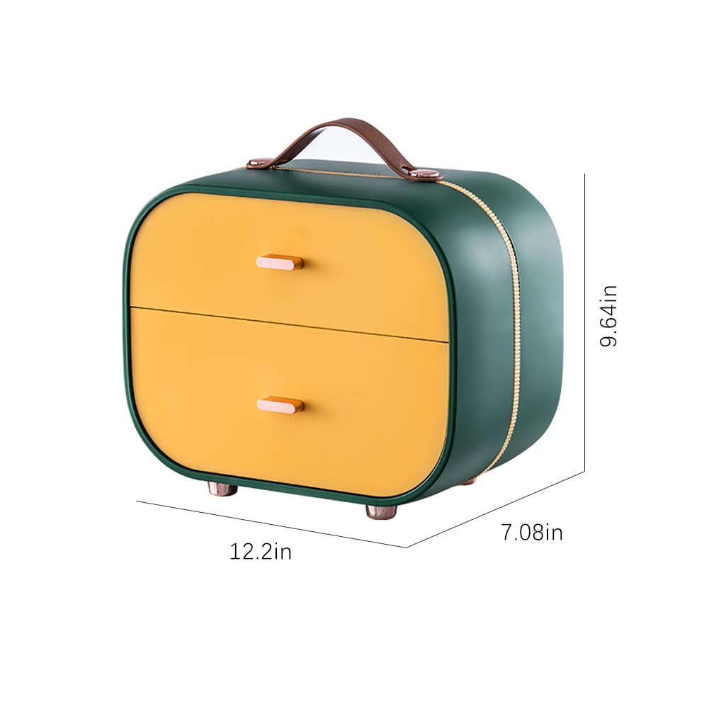 WAYUTO 3-Tier Drawer Storage Organizer with Handle - Portable Desktop Organizer for Cosmetics, Jewelry, Office & School Supplies - Green Makeup Container for Girls (Perfect for Bedroom, Bathroom & Dorm Organization)