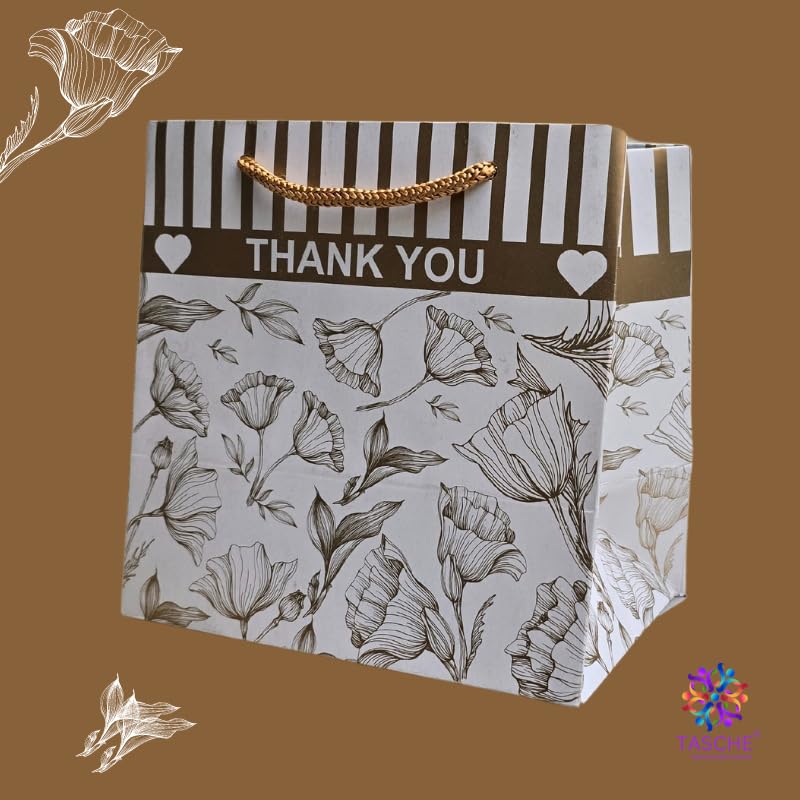 Golden Floral Design Thank You Gift Bags - Elegant Paper Favor Bags for Birthday, Wedding, Baby Shower & Holiday Presents (Pack of 10, 6x4x6 Inches) - Perfect for Party Favors, Bridesmaid Gifts & Special Occasions