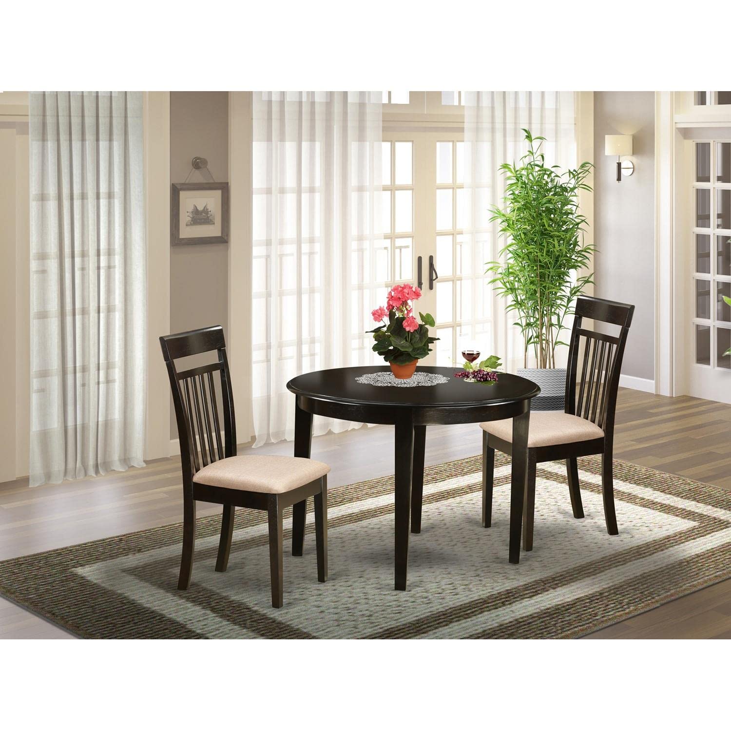 East West Furniture 3-Piece Round Dining Table Set with 2 Linen Upholstered Chairs - 42 Inch Cappuccino Wood Kitchen Table for Small Spaces, Breakfast Nook, and Apartment Dining Areas