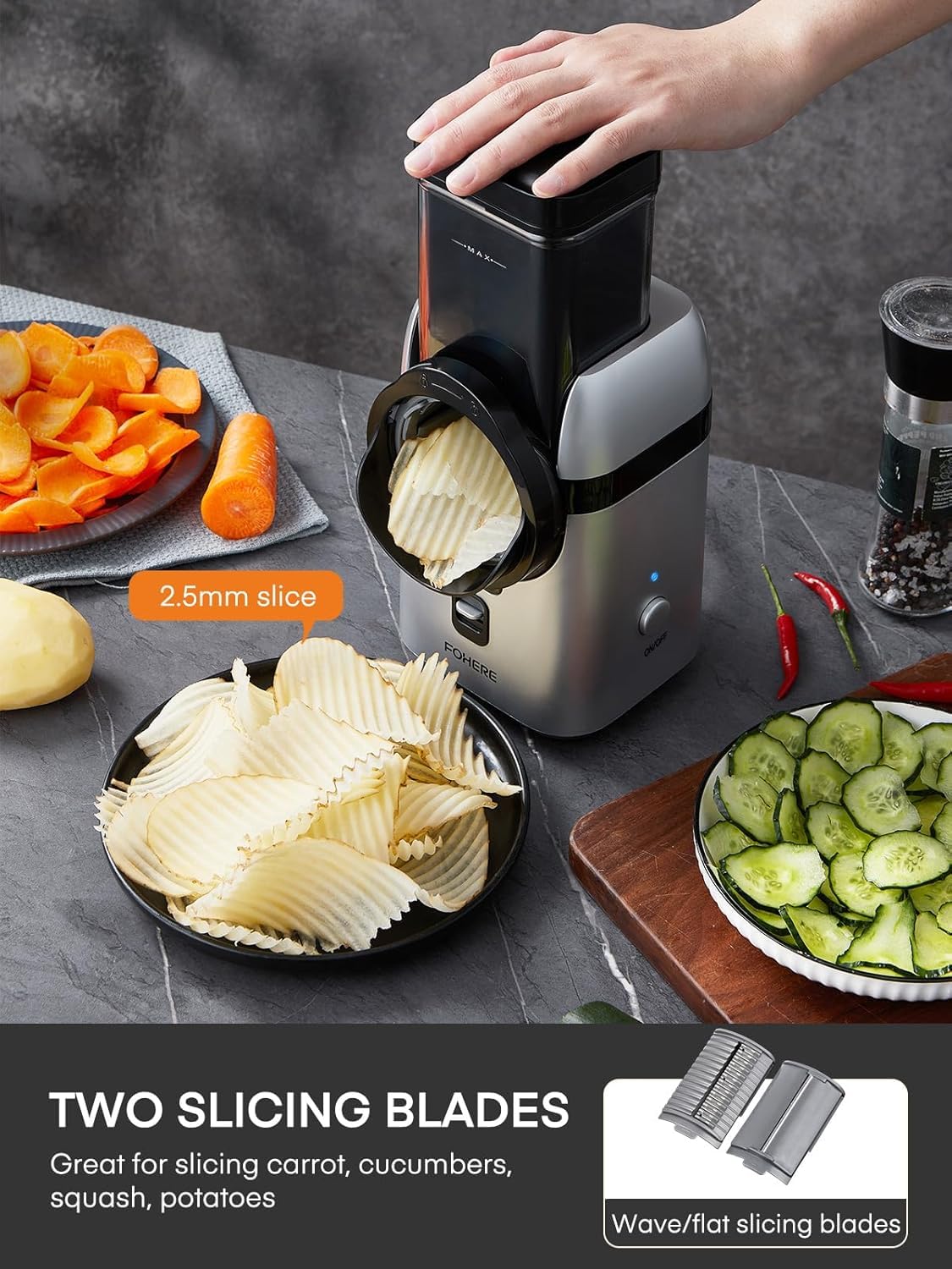 FOHERE Electric Cheese Grater - 5-in-1 Multi-Function Food Processor with Large Feed Chute, Replaceable Blades & Storage Box - Perfect for Shredding Cheese, Vegetables, Potatoes, Nuts & More - Ideal for Kitchen, Cooking, Meal Prep & Party Platters