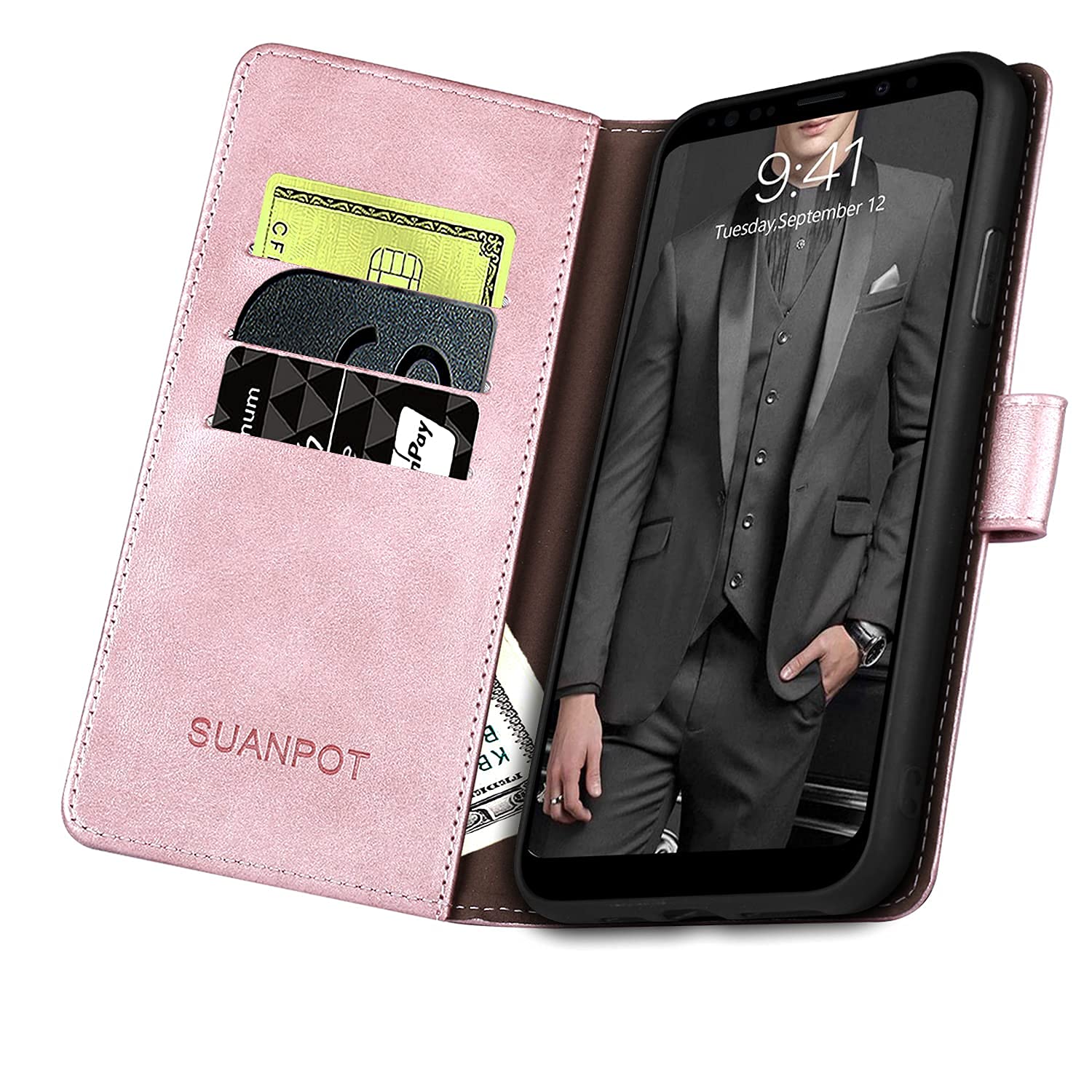 RFID Blocking Leather Wallet Case for Samsung Galaxy S9 - Rose Gold | Slim Folio Cover with Card Holder for Daily Use