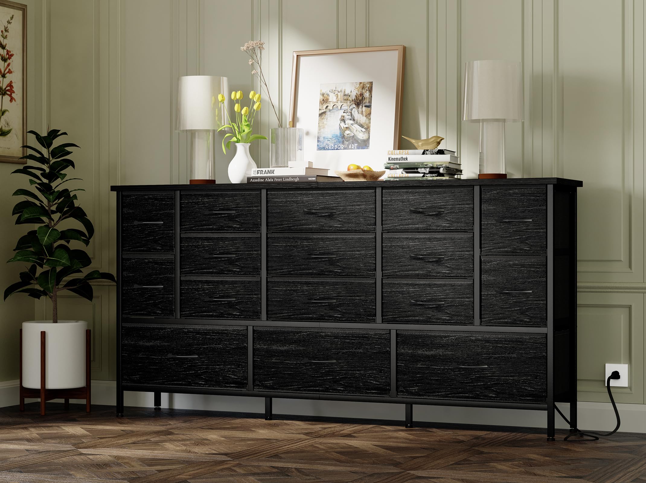 Fixwal 63.3 Inch TV Stand for 65-55 Inch TVs - 16 Drawer Black Dresser with Power Outlets - Modern Fabric Chest of Drawers for Bedroom, Living Room & Entryway - Perfect for TV Storage & Home Organization
