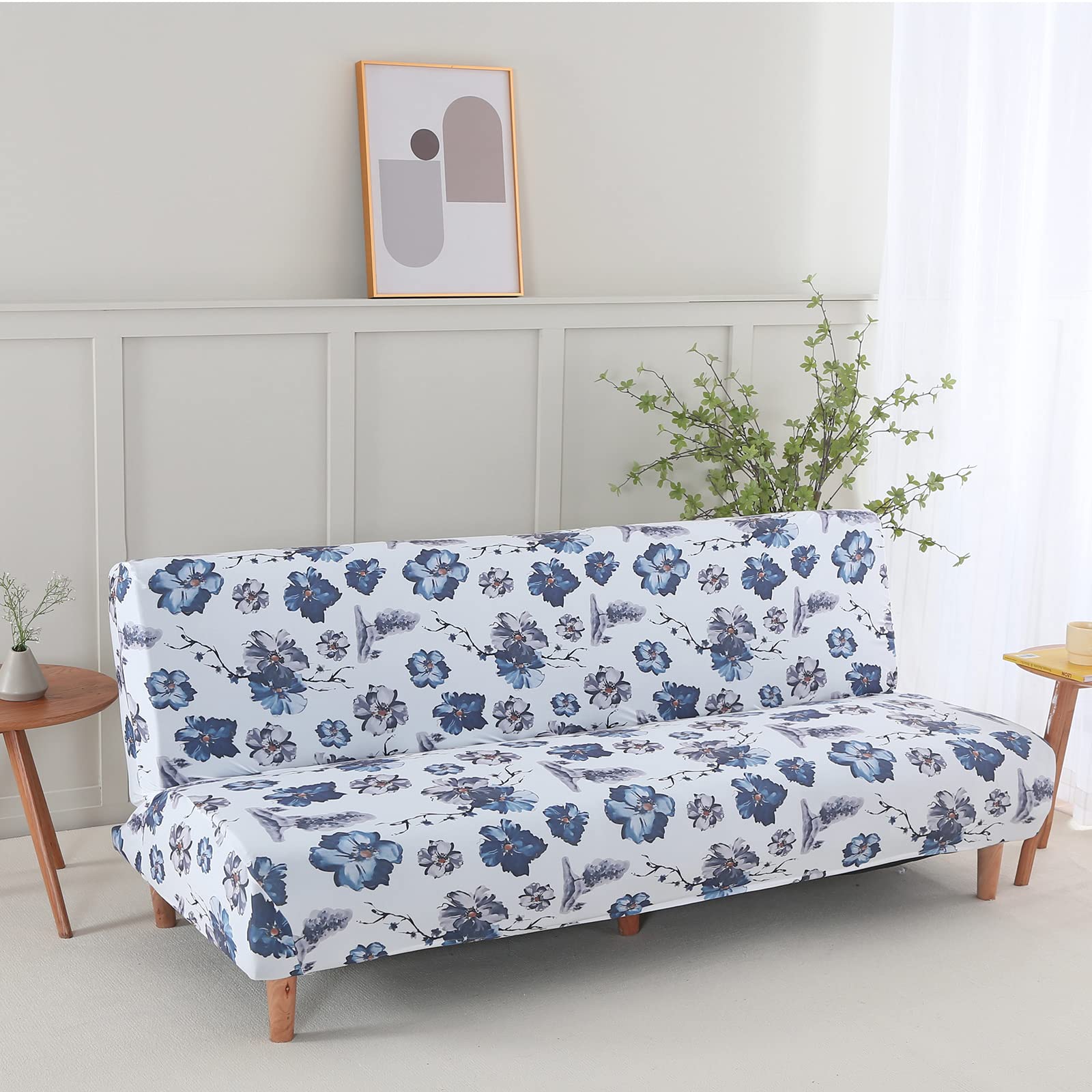 Stretch Elastic Armless Futon Slipcover - MIFXIN Furniture Protector for Foldable Sofa Bed Without Armrests, Blue Floral Design | Perfect for Small Spaces, Guest Rooms & Dorm Decor