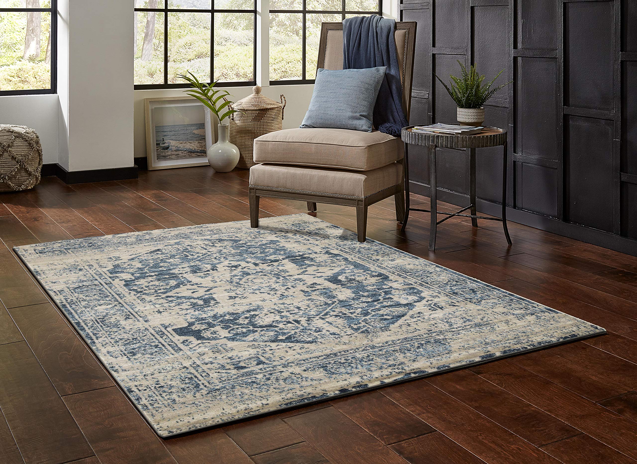 KAS Rugs Heritage Ivory/Blue Traditions 7'7 Round Plush Area Rug - Soft Living Room Carpet for Bedroom, Nursery & Cozy Home Decor