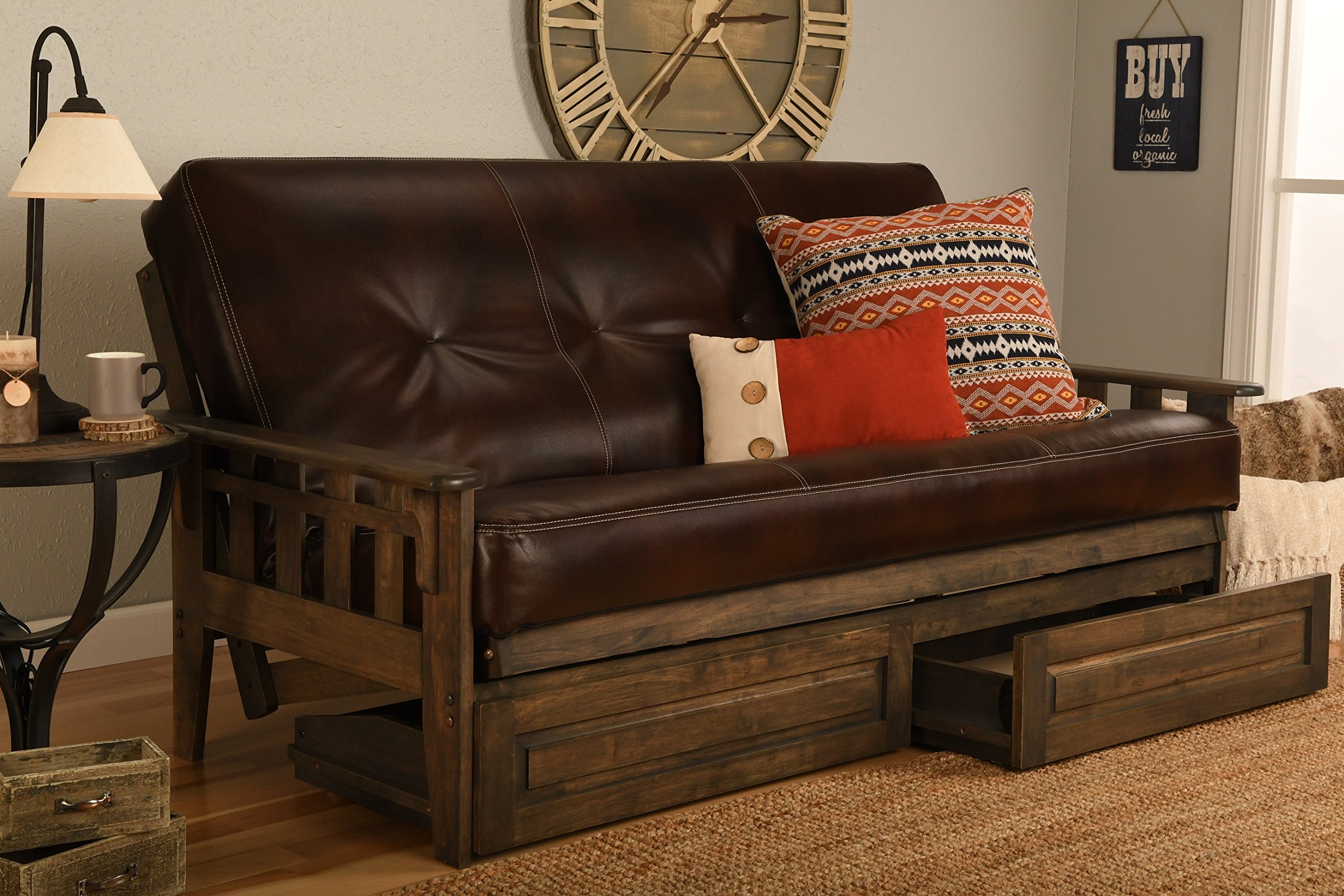 Queen Size Rustic Walnut Wooden Futon Sofa Bed with 7-Inch Innerspring Mattress & Storage Drawers - Convertible Sleeper for Guest Room, Home Office, and Small Space Living (Cappuccino Leather)