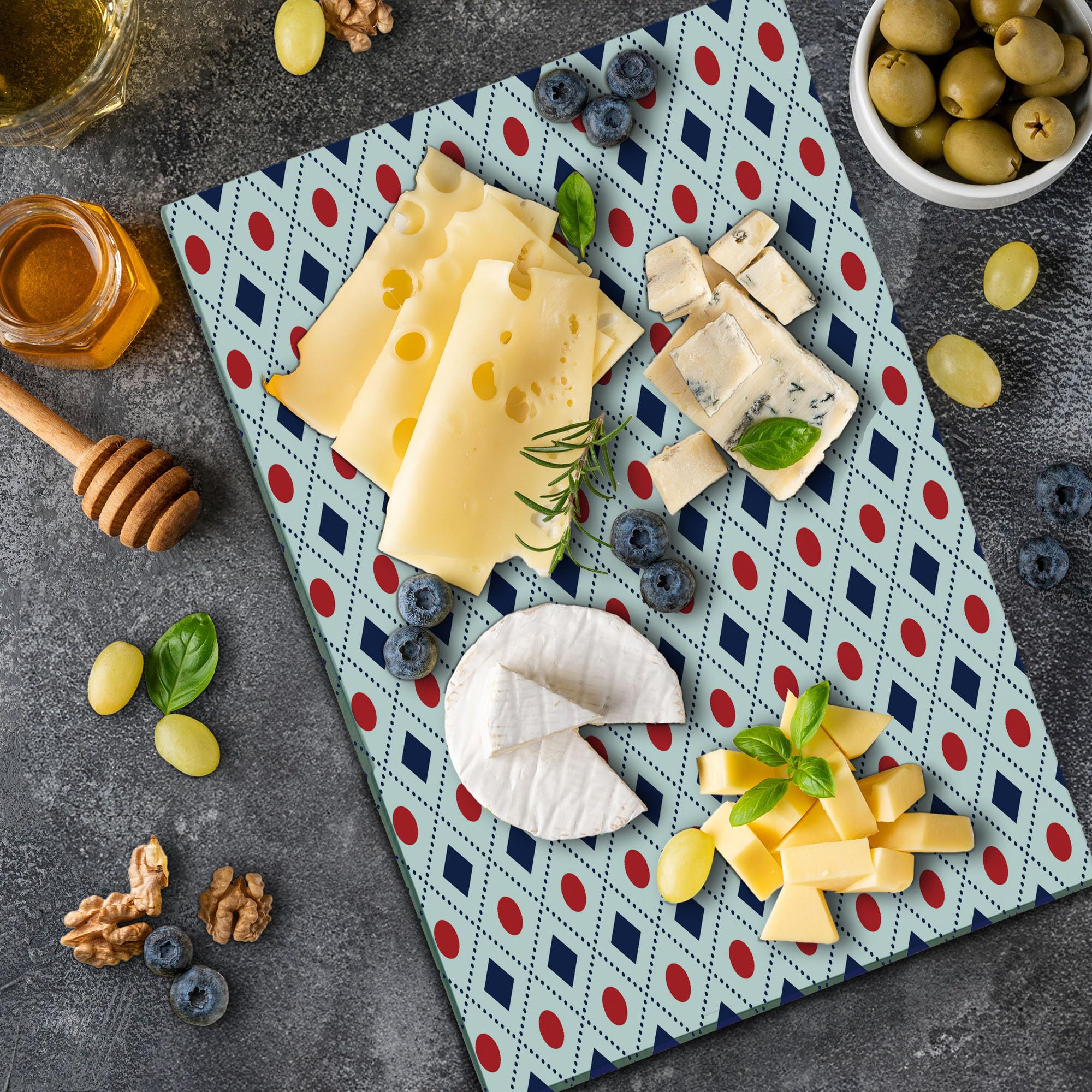 Ambesonne Navy Blue & Red Geometric Glass Cutting Board - Large Tempered Glass Serving Tray with Dots & Dashed Lines Design - Perfect for Cheese Platters, Charcuterie & Kitchen Decor