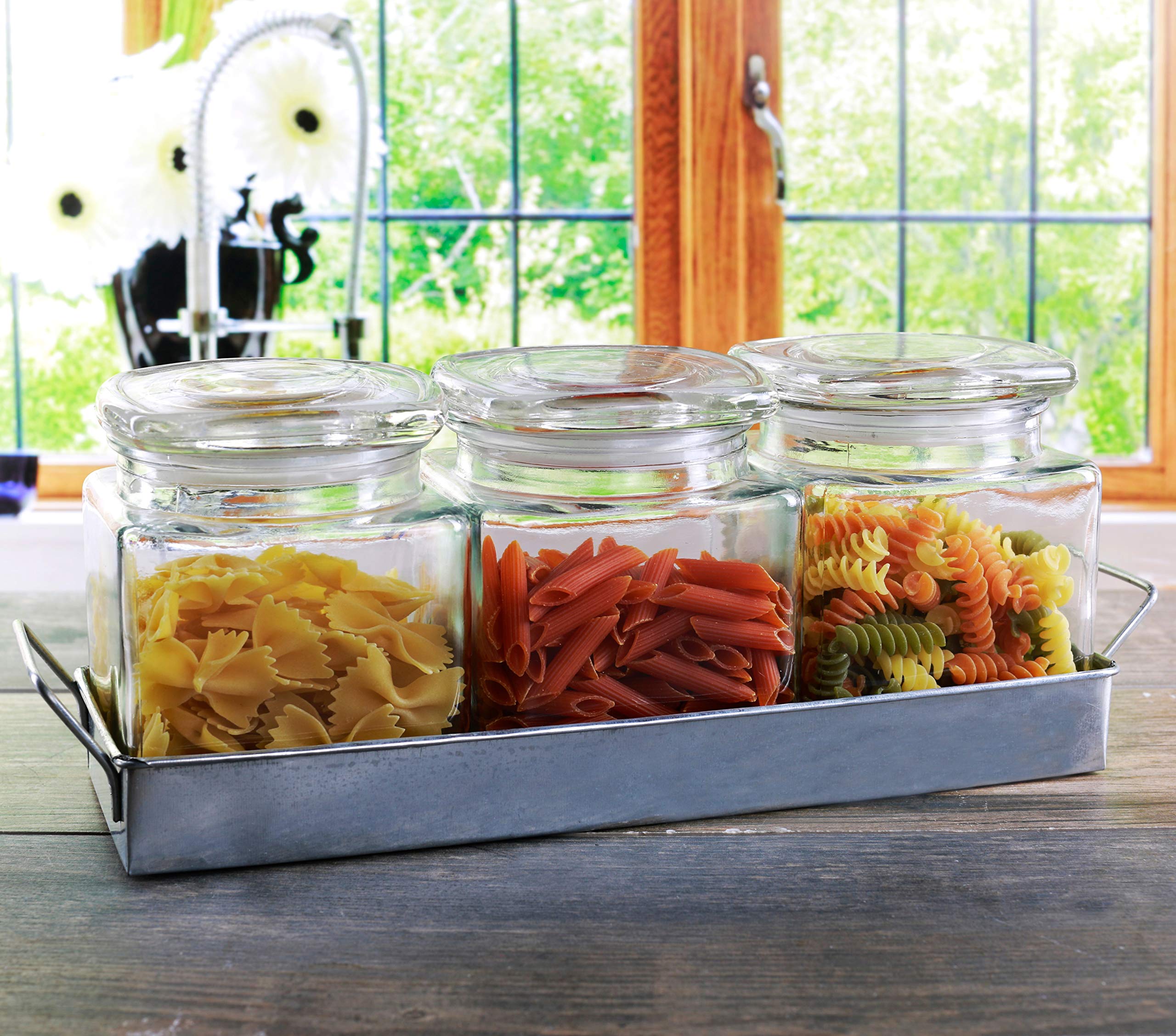 Circleware Country Glass Canister Jars 3-Piece Set with Airtight Lids & Metal Caddy - 27oz Clear Glass Storage Containers for Coffee, Tea, Sugar, Spices, Cereal - Farmhouse Kitchen Decor & Food Preservation - Perfect for Pantry Organization & Coffee Station Display