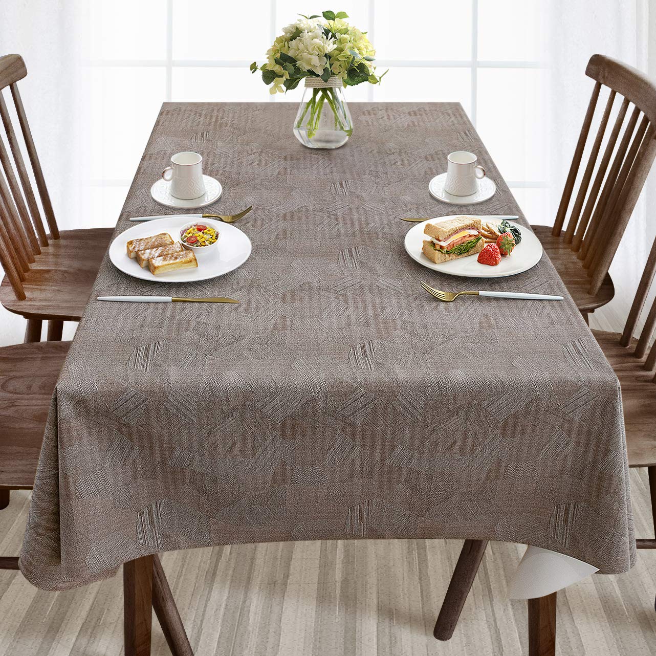 AIRCOWRIE Waterproof Vinyl Tablecloth - Heavy Duty Oil & Spill Proof PVC Table Cover for Indoor Outdoor Use - Easy Wipe Clean Rectangle Tablecloth (Brown, 54x120 Inches) - Perfect for Picnics, BBQs, Parties & Dining Protection